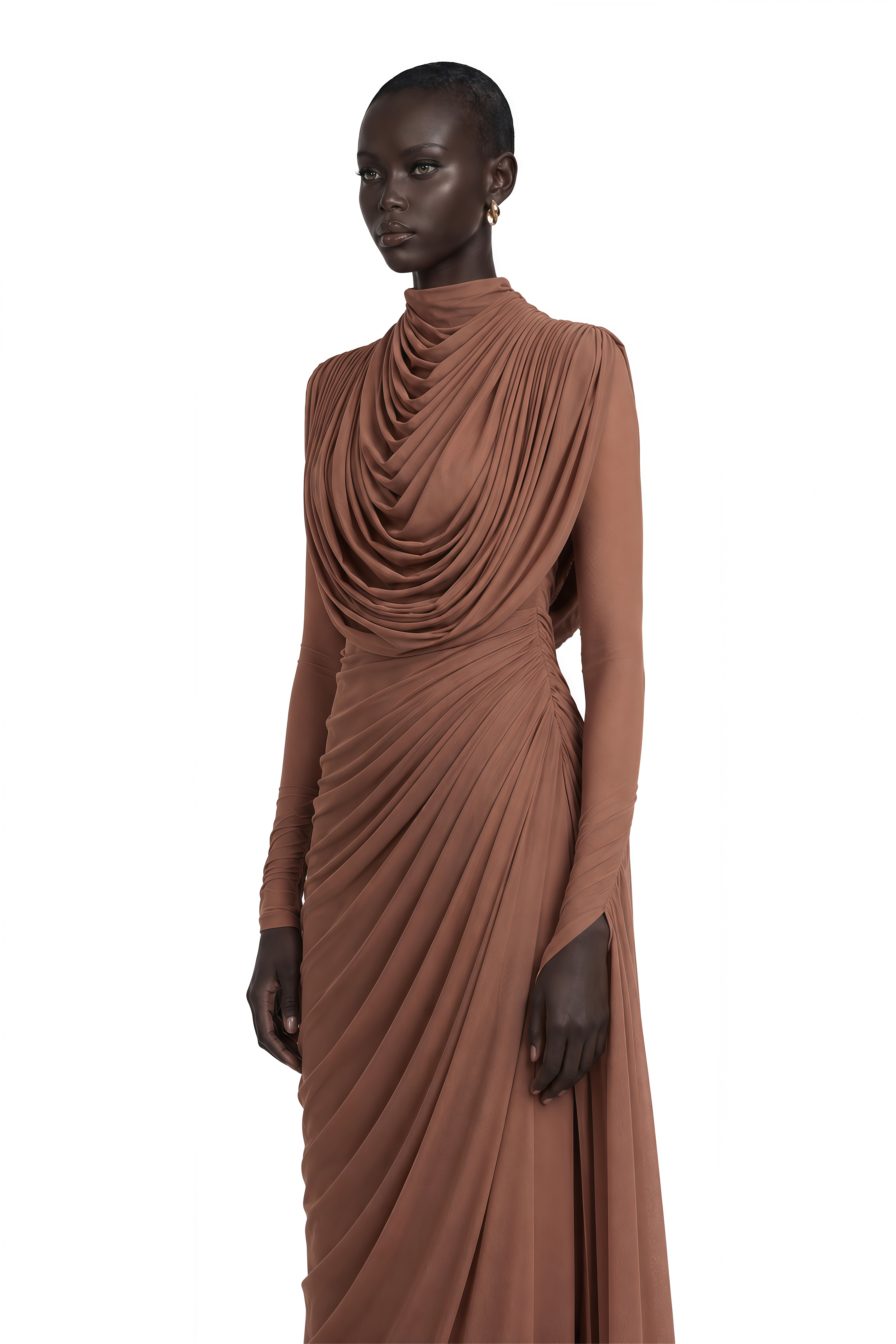 Danaé Brown Shirred-effect Draped Maxi Dress
