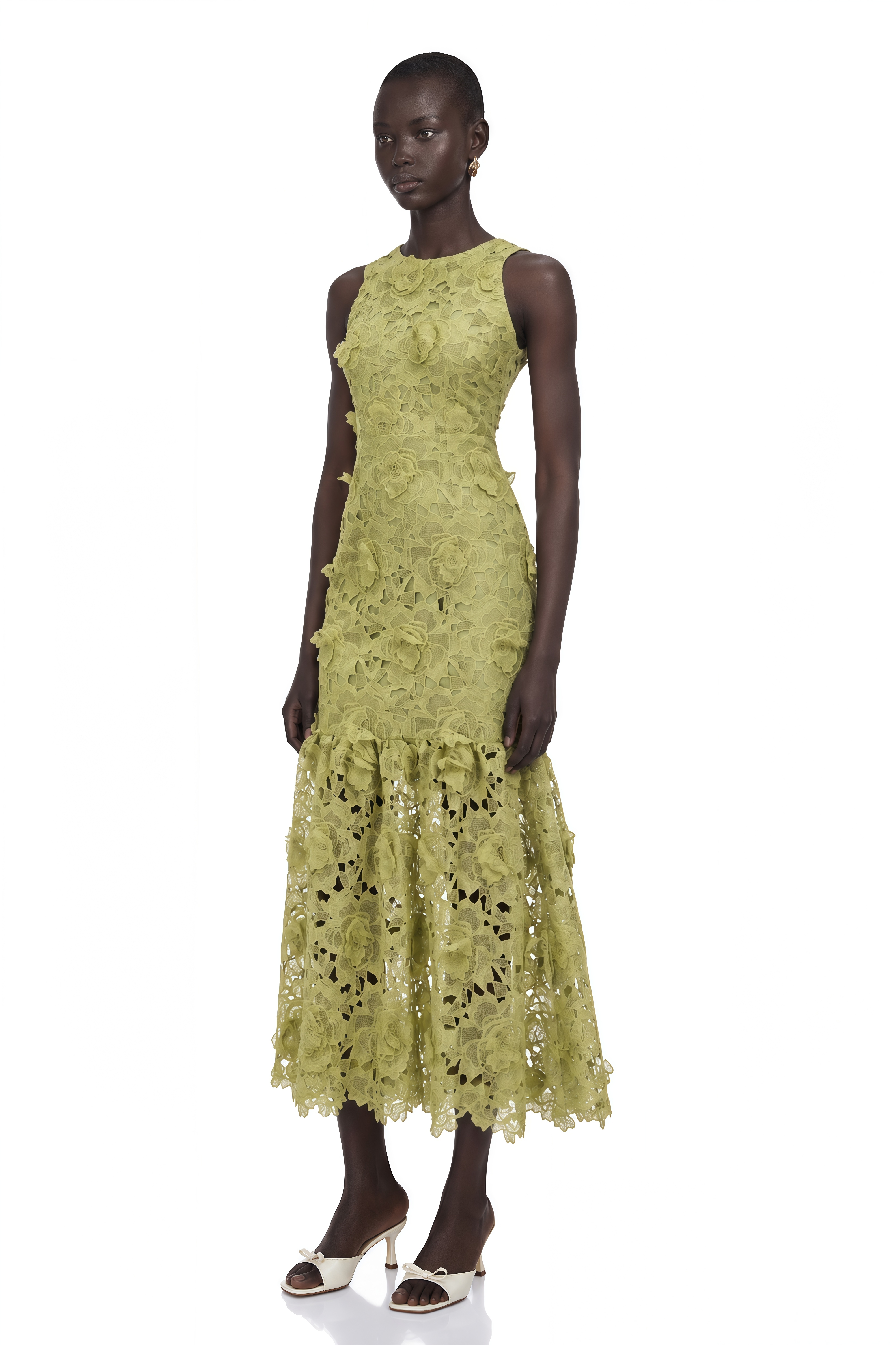 Briseis Olive Green Midi Dress with 3D Florals