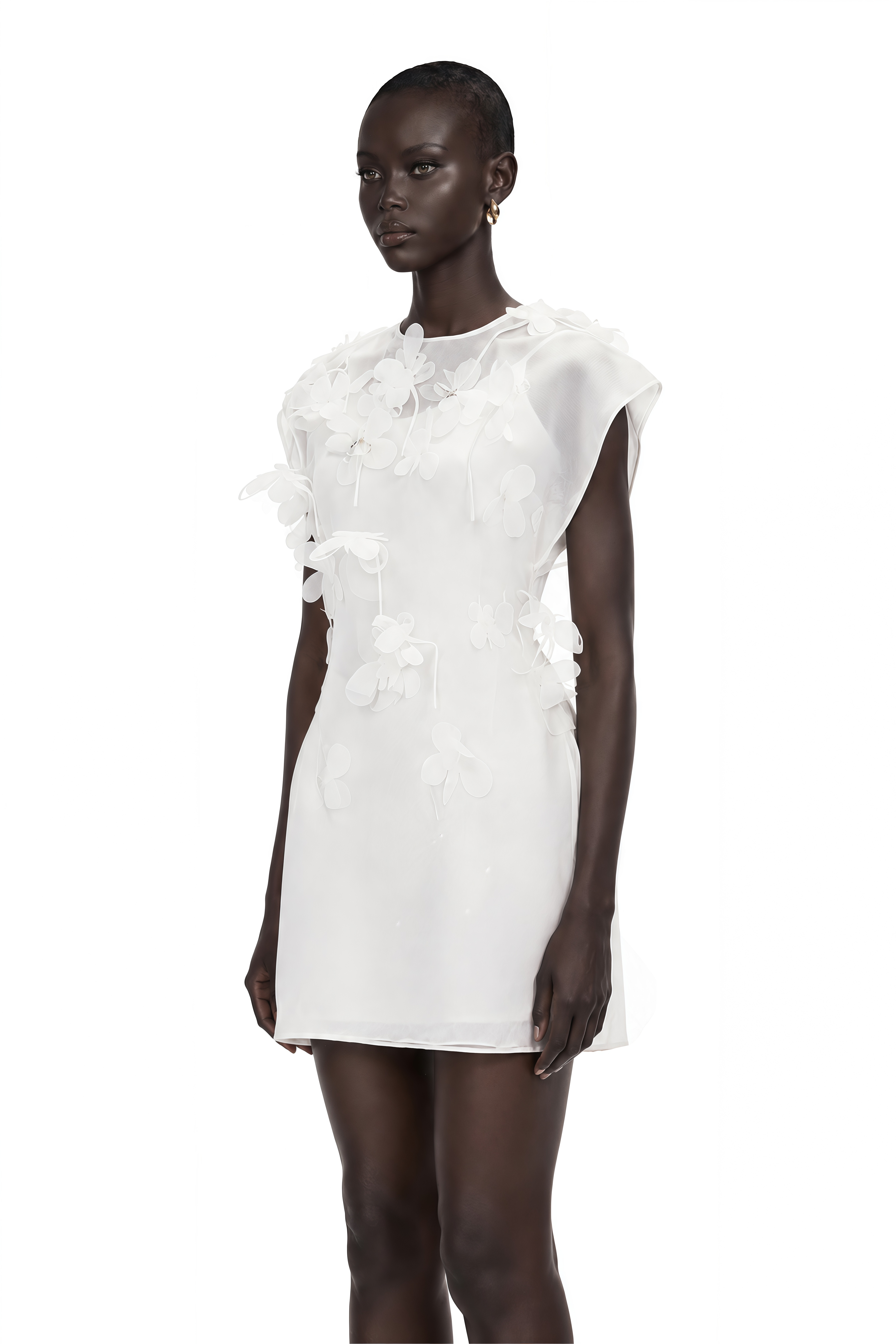 Maryam White Chiffon Mini Dress with 3D Petals