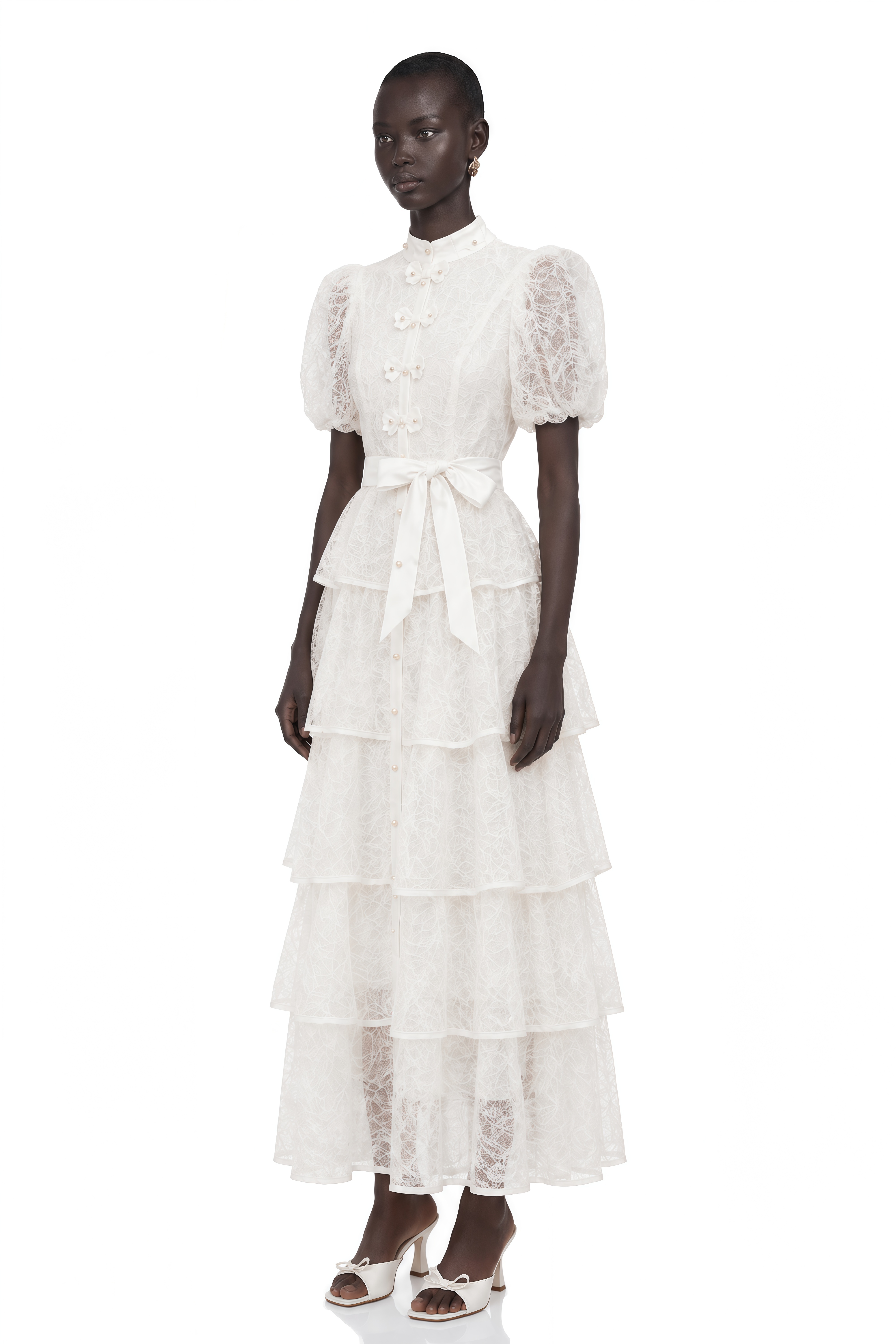 Verity White Floral Lace Tiered Maxi Dress
