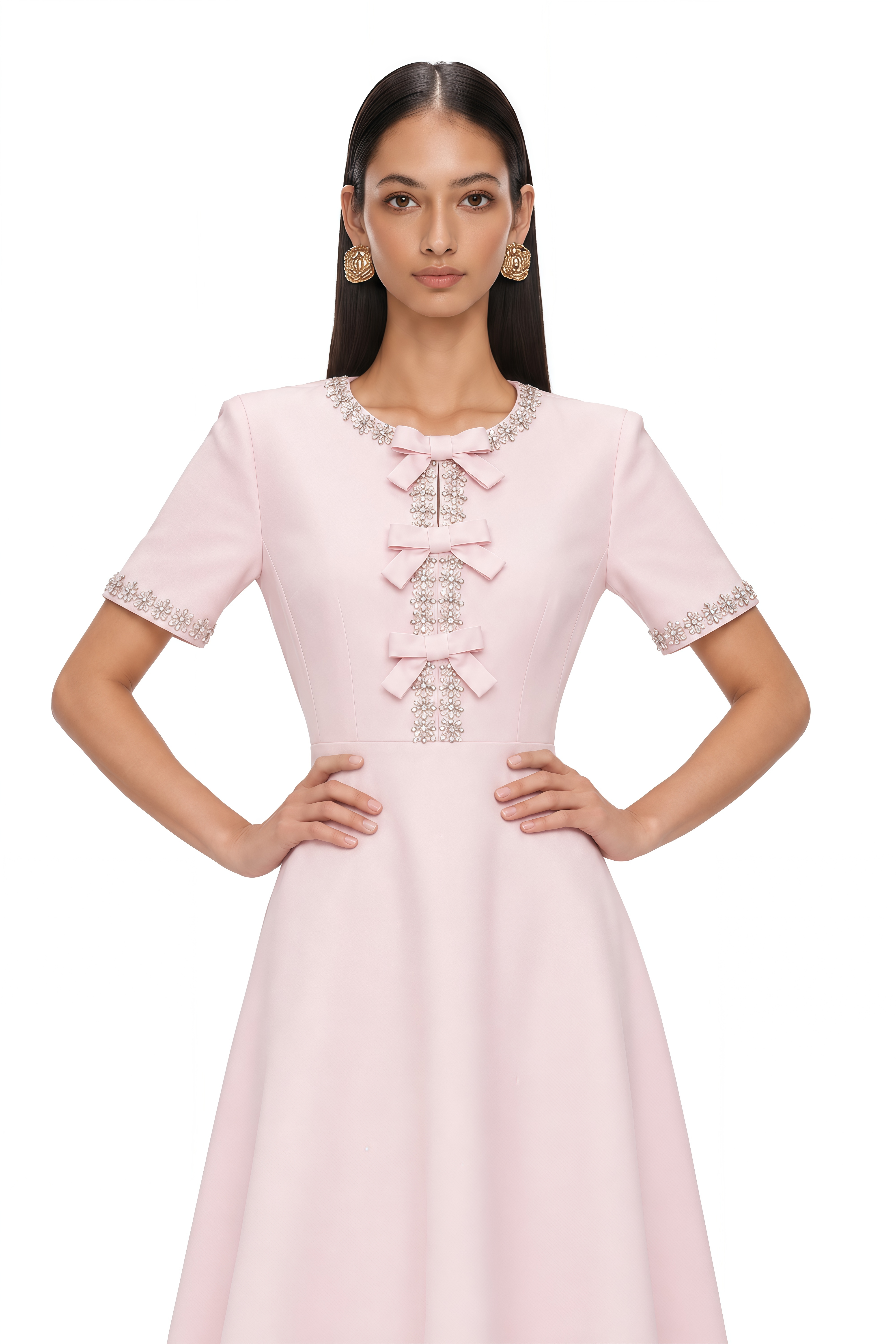 Cassiopeia Crystal-Accented Pink Bow Midi Dress