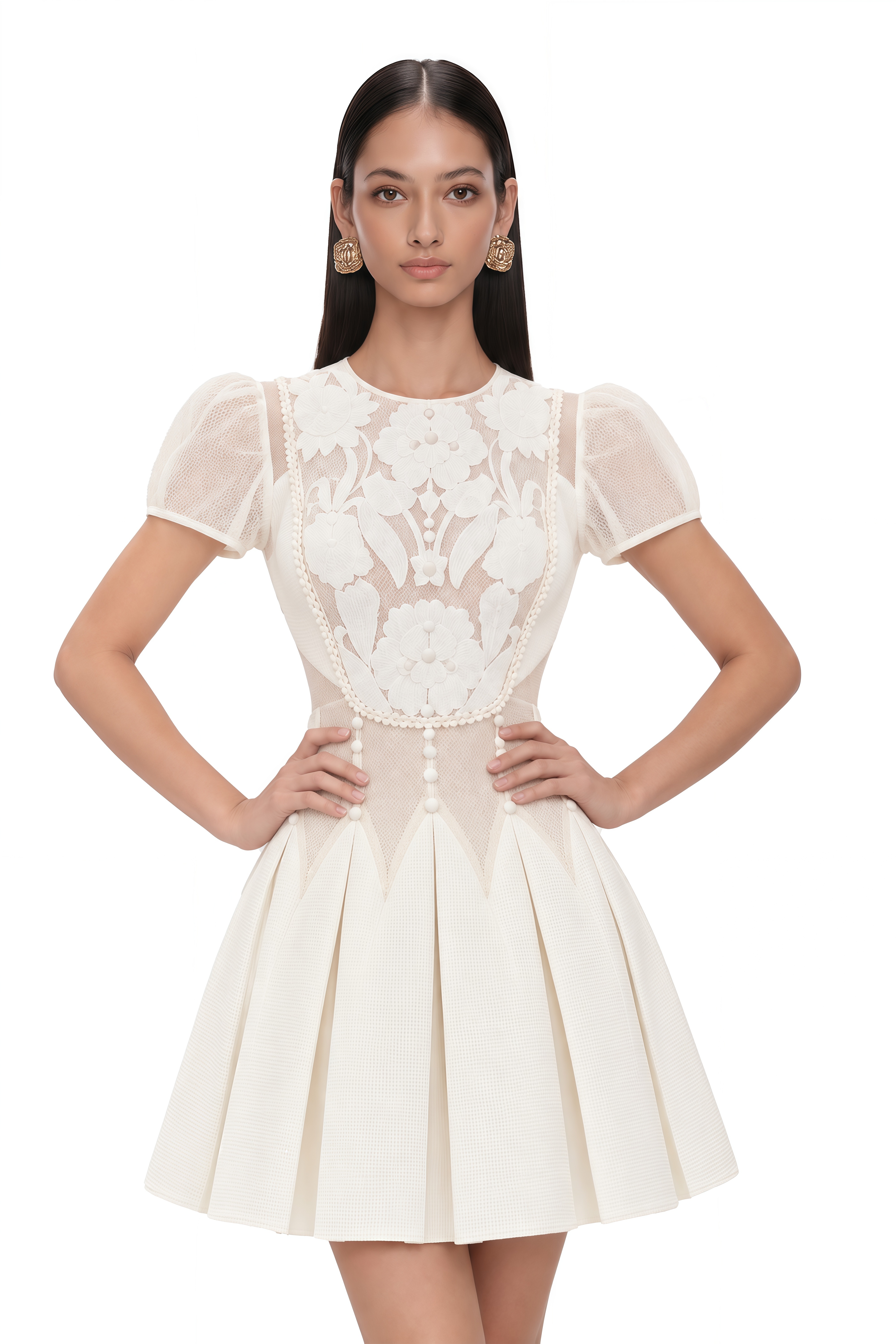 Maelle White Flower-Embroidered Mini Dress