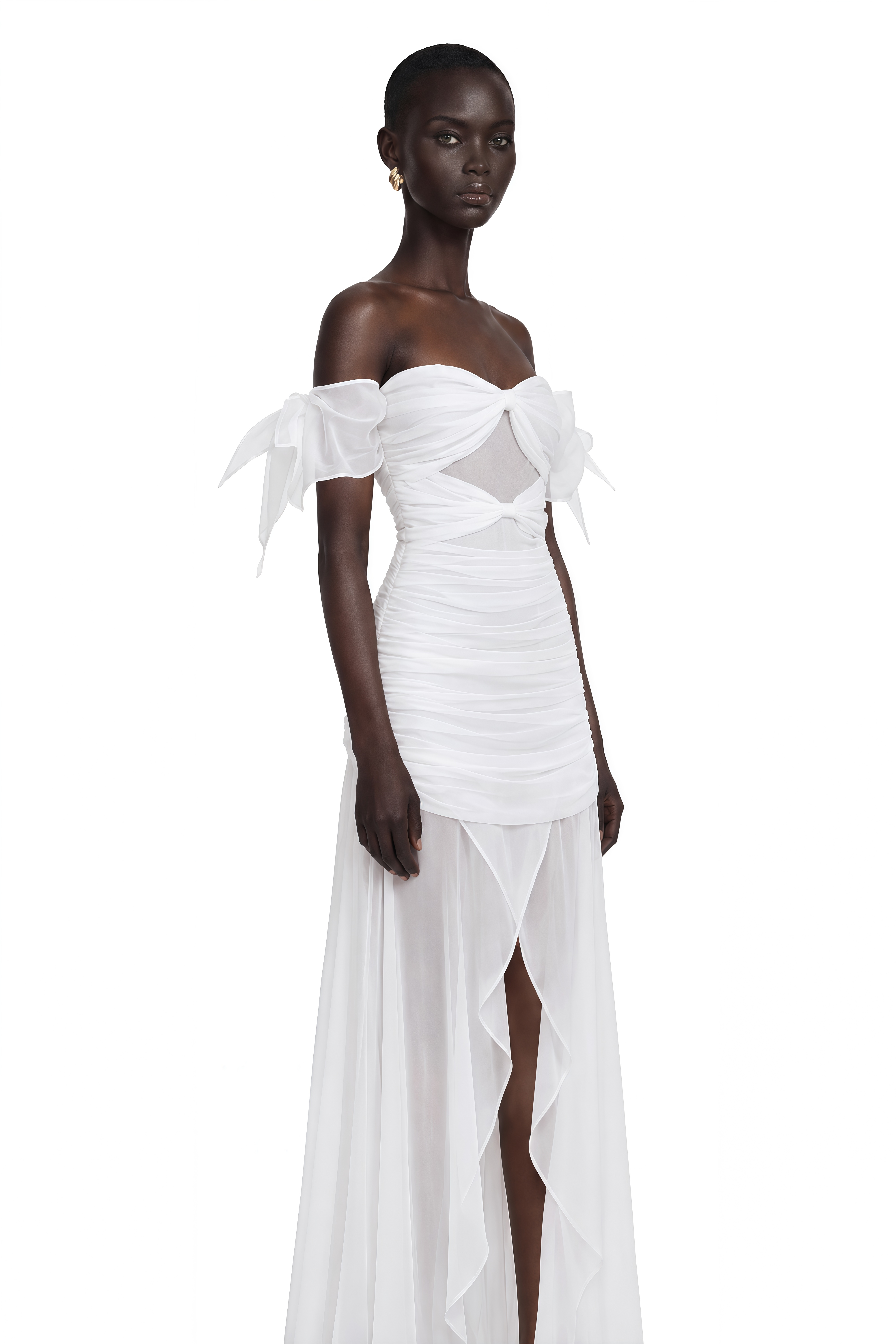 Brandusa White Bowknot Ruched Chiffon Midi Dress