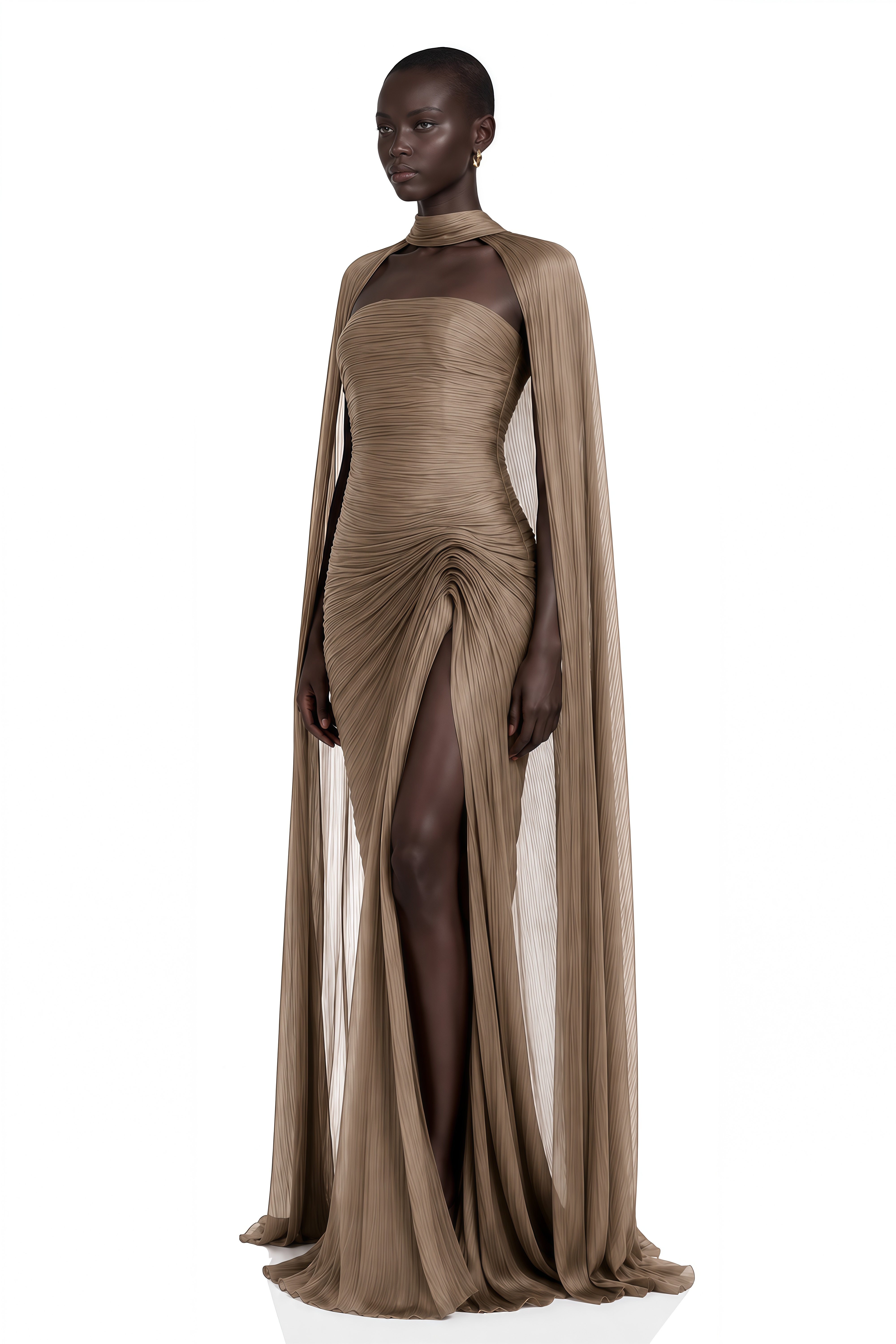 Shifra Brown Asymmetrical Cape Maxi Dress