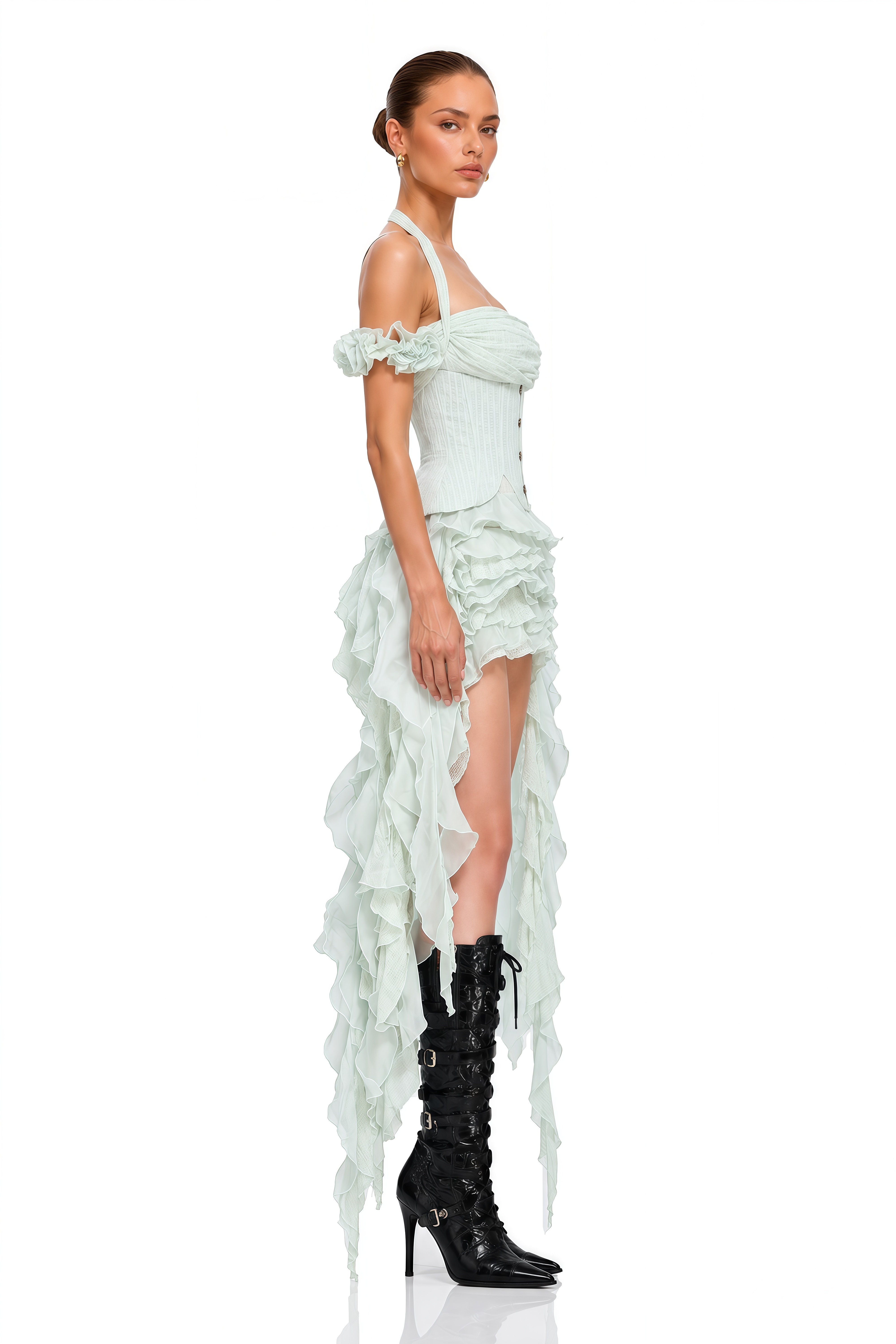 Patricia Green Floral-Appliqué Asymmetrical Ruffled Mini Dress