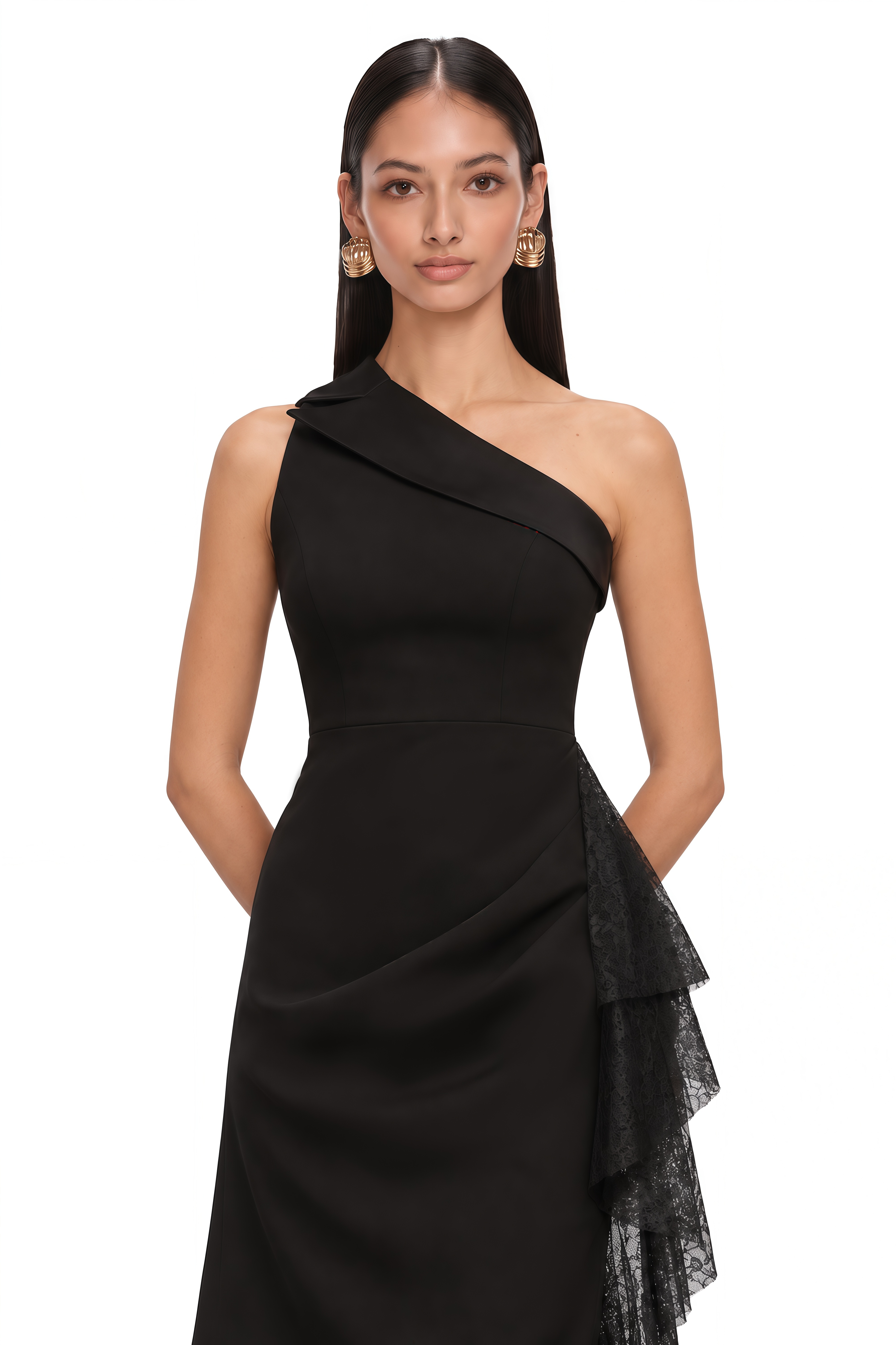 Bernadette Black Lace-Panel Asymmetrical Midi Dress