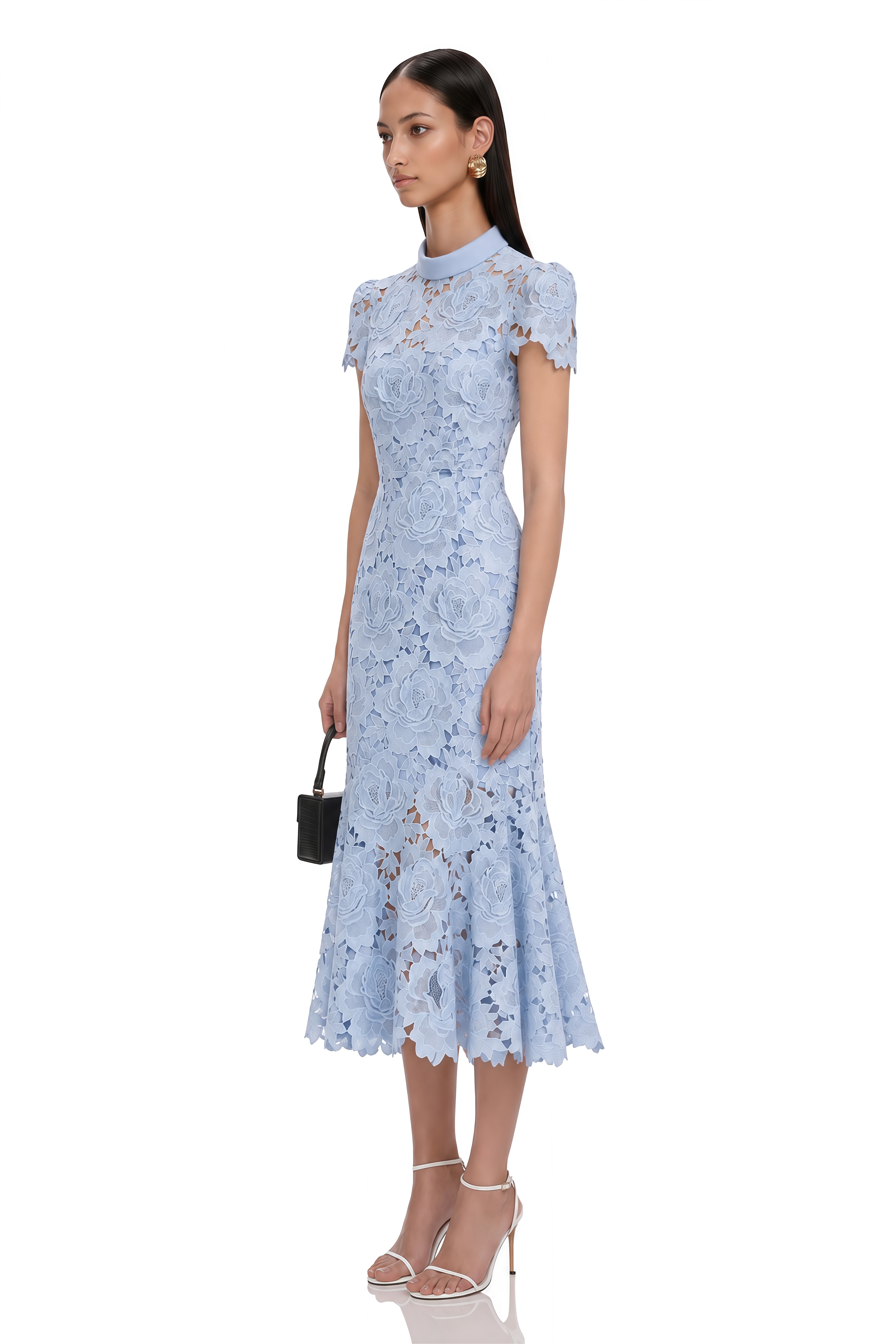 Aurore Blue Floral Appliqué Lace Midi Dress