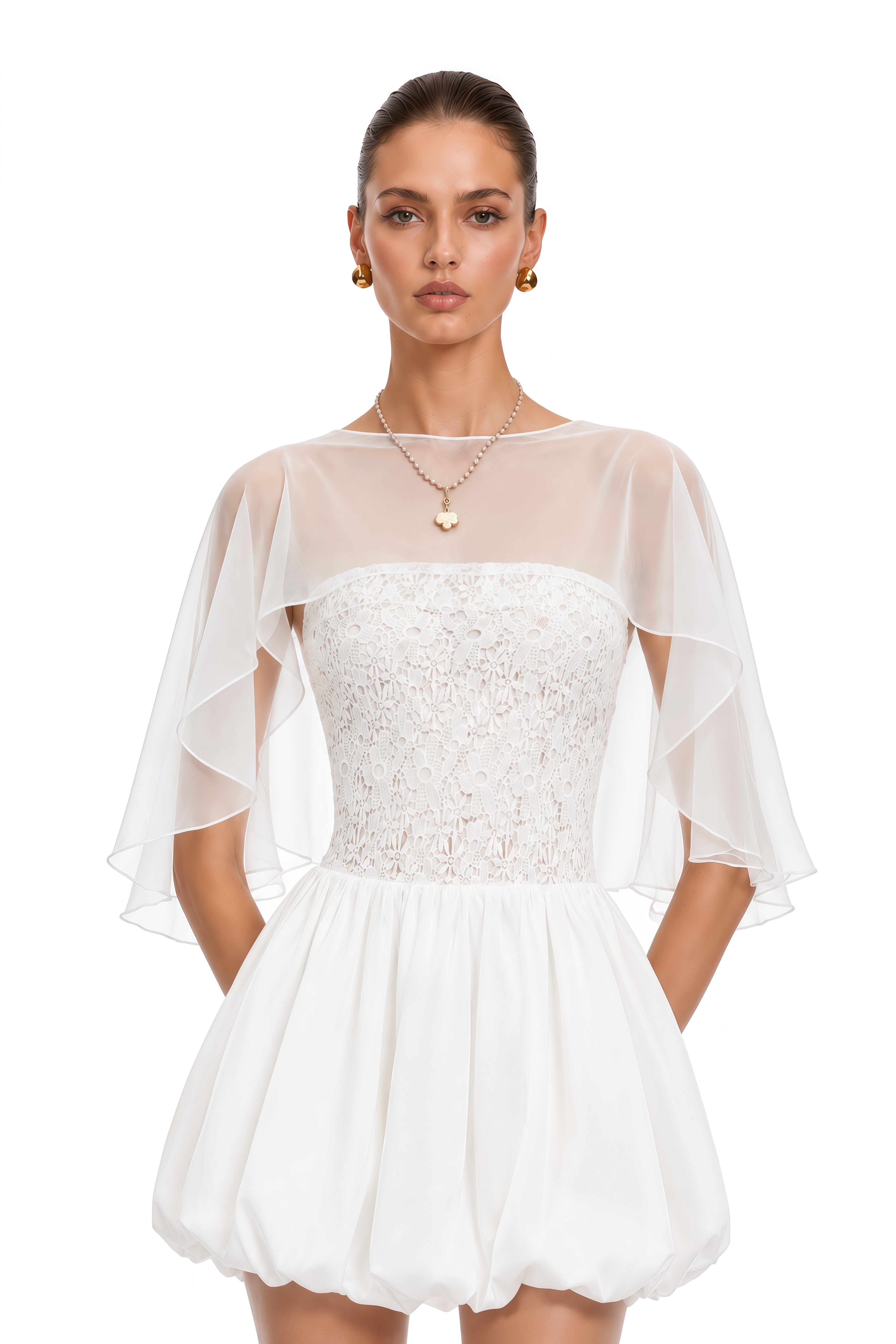 Agnes White Off Shoulder Floral Panel Puffball Mini Dress with Cape