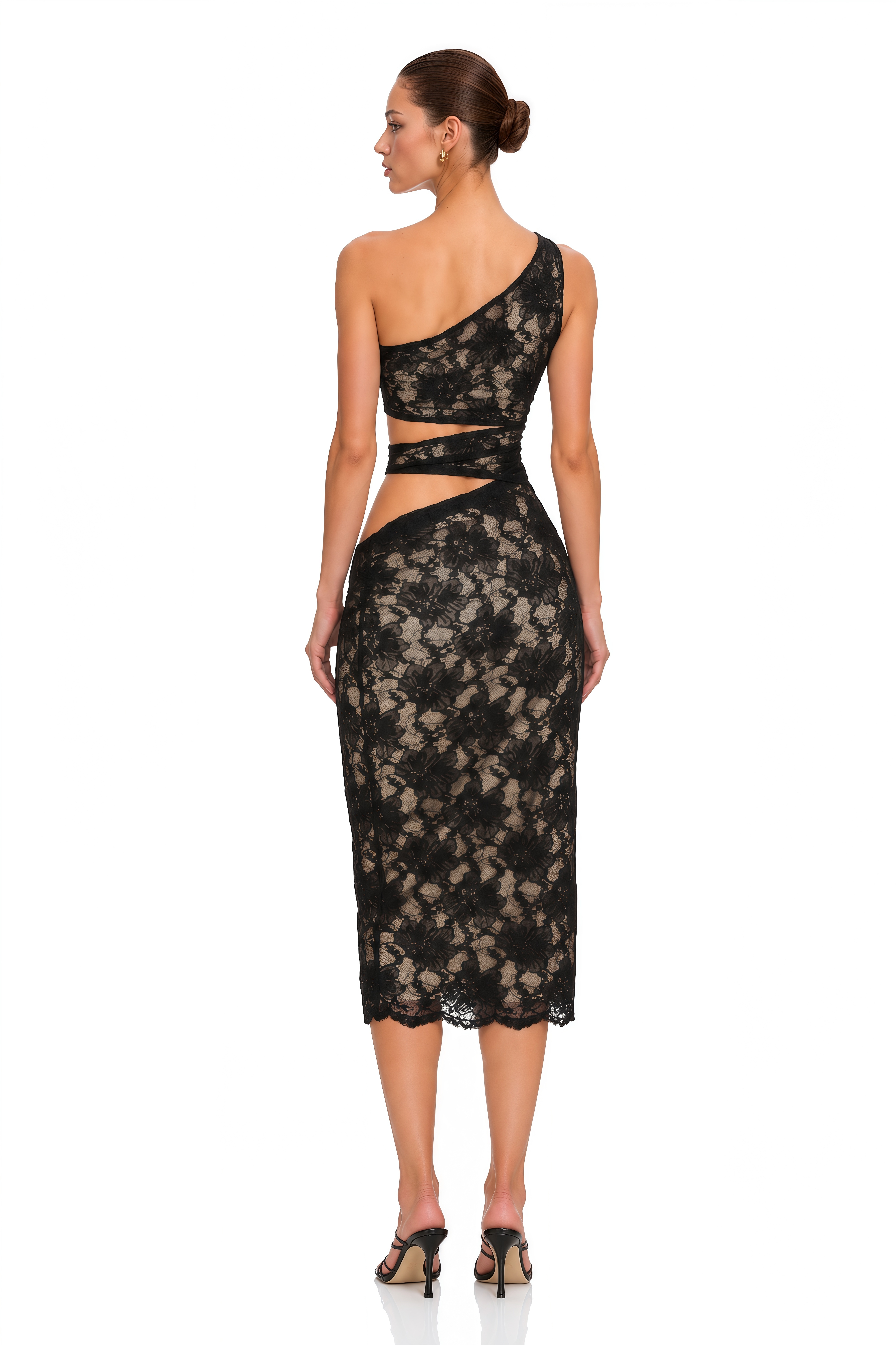 Bianca Black Cut Out Floral Lace Midi Dress