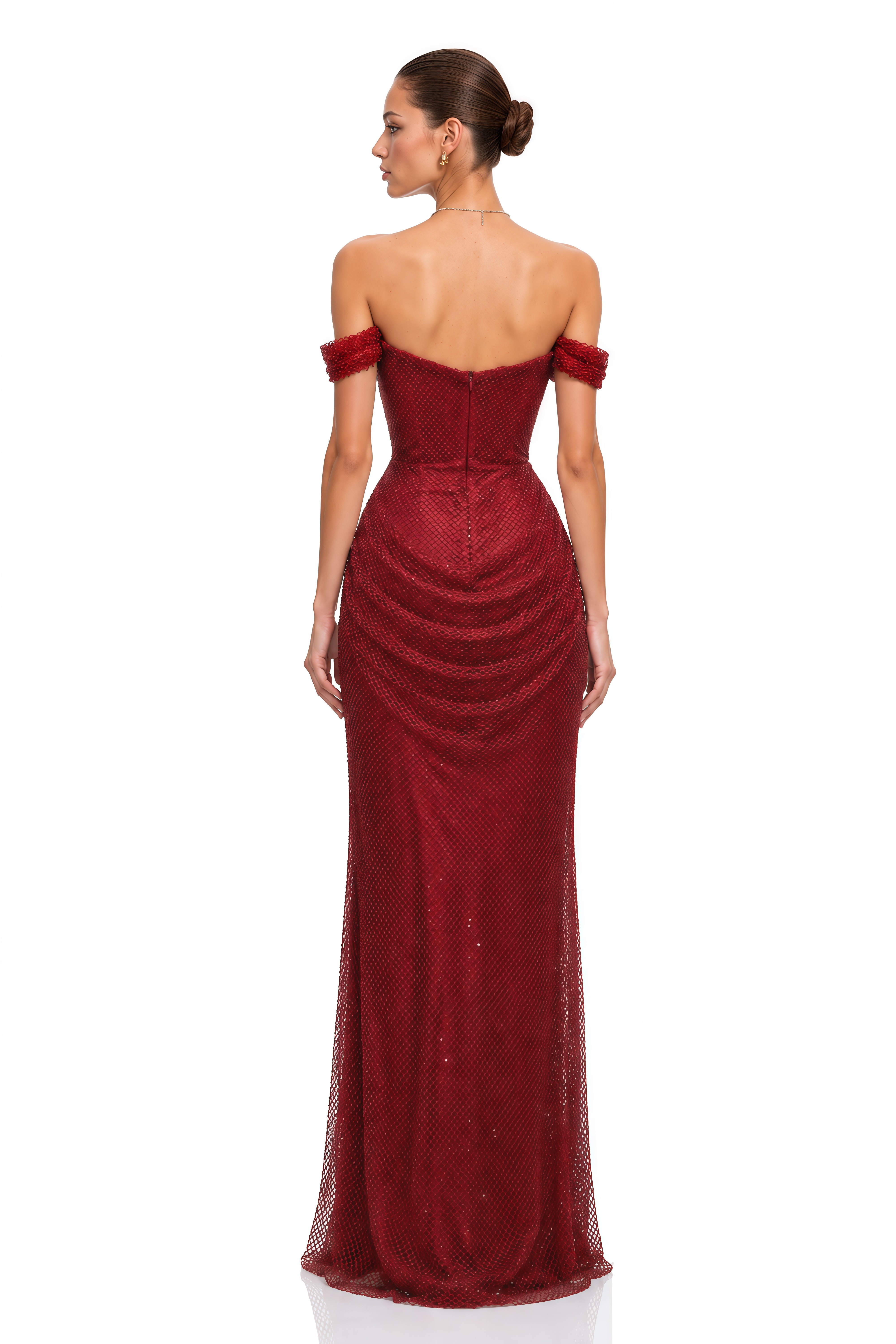 Scarlet Red Off-Shoulder Rhinestone Evening Gown