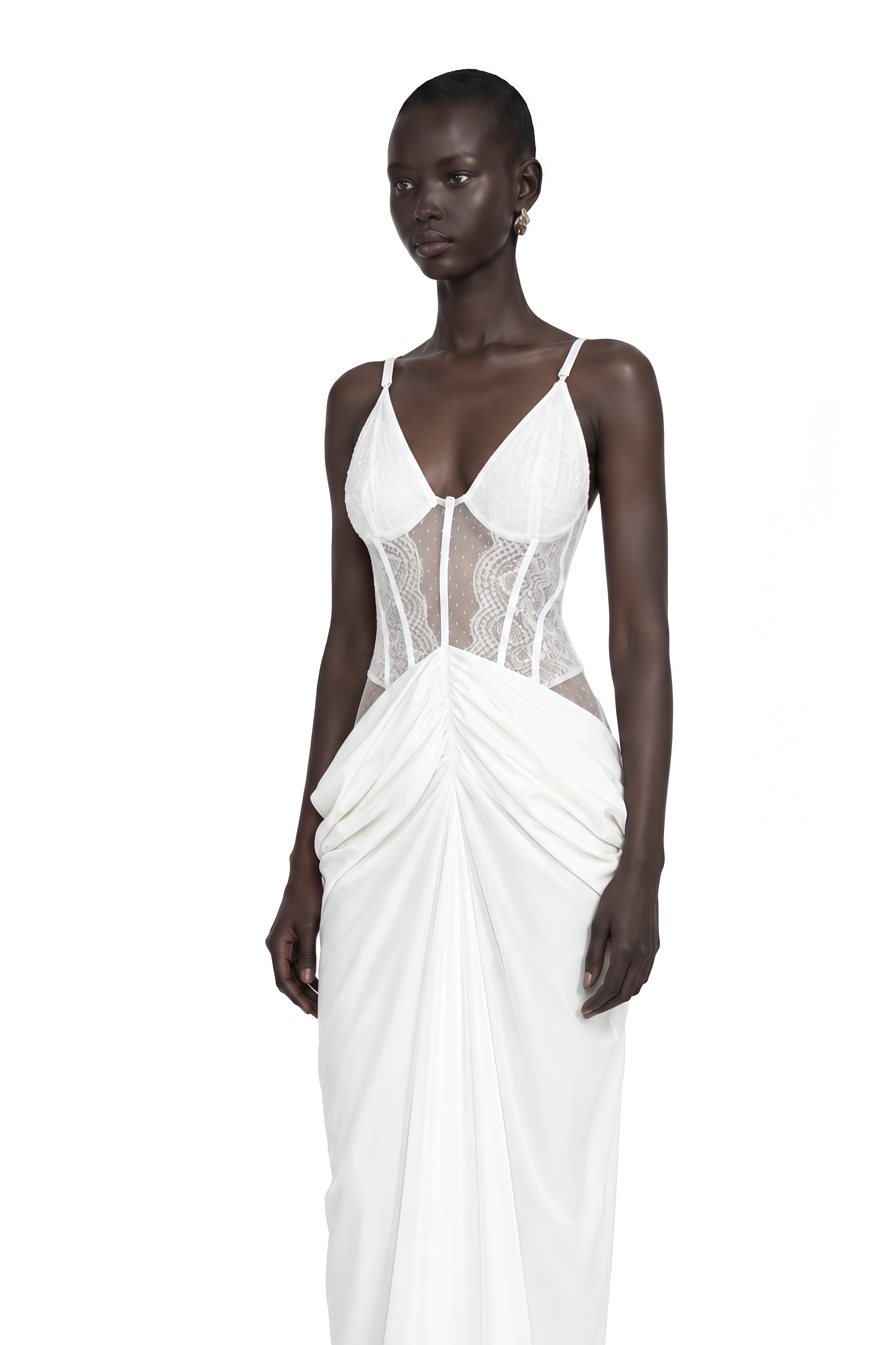 Viktoria White Semi-Sheer Lace Panel Maxi Dress