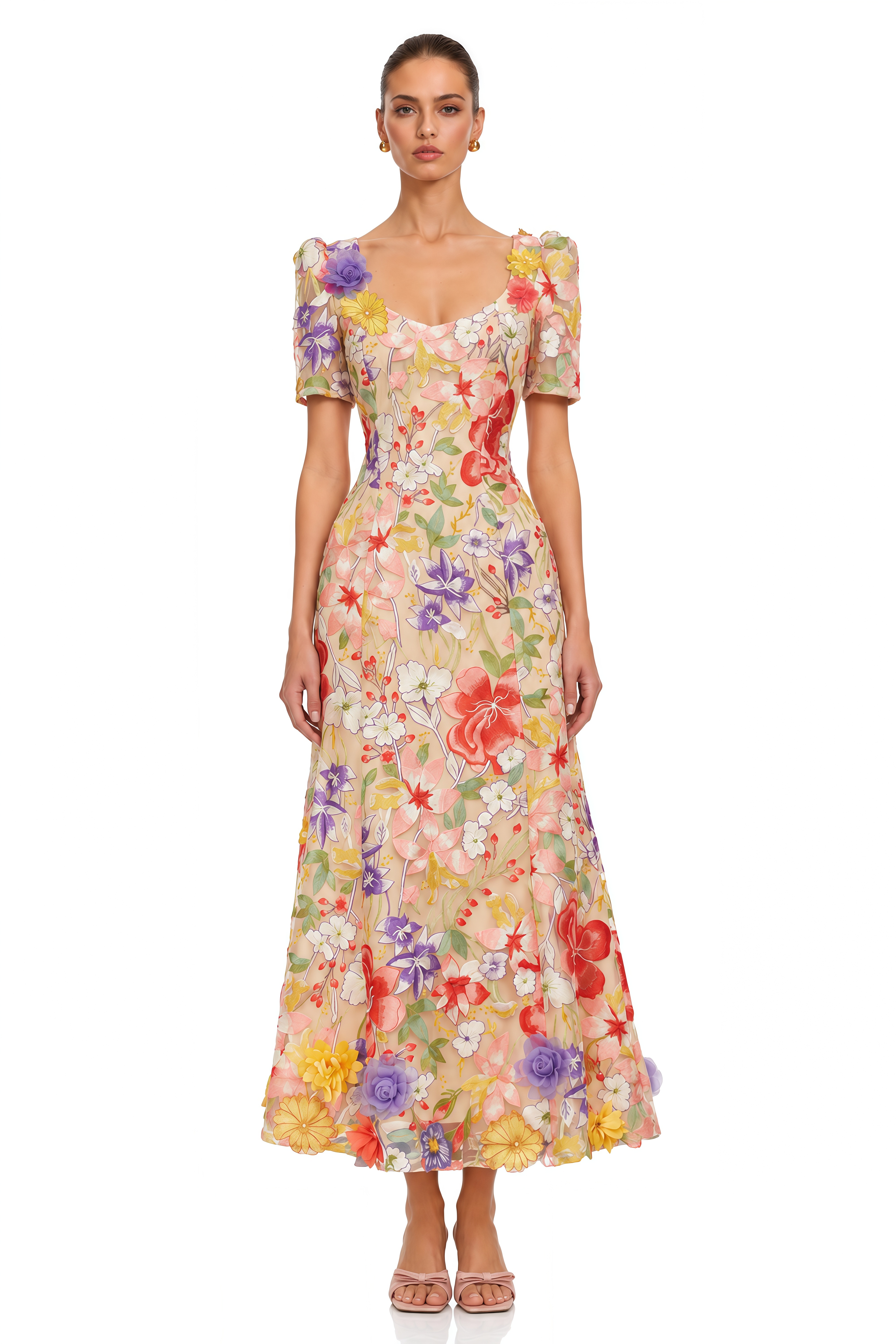 Darcy Neutral Floral Embroidered Tulle Midi Dress