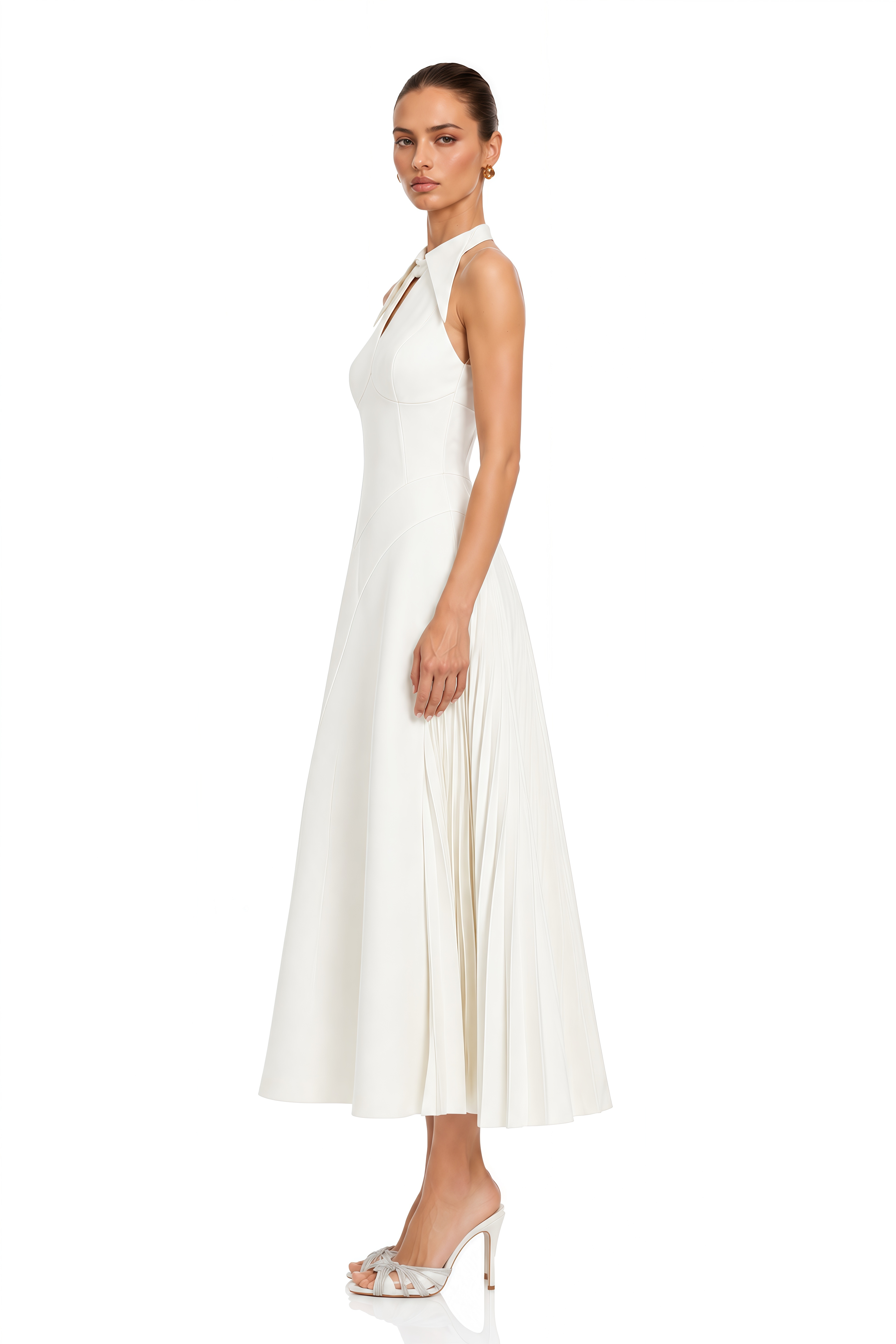 Griselda Neutral Halterneck Ruched Midi Dress
