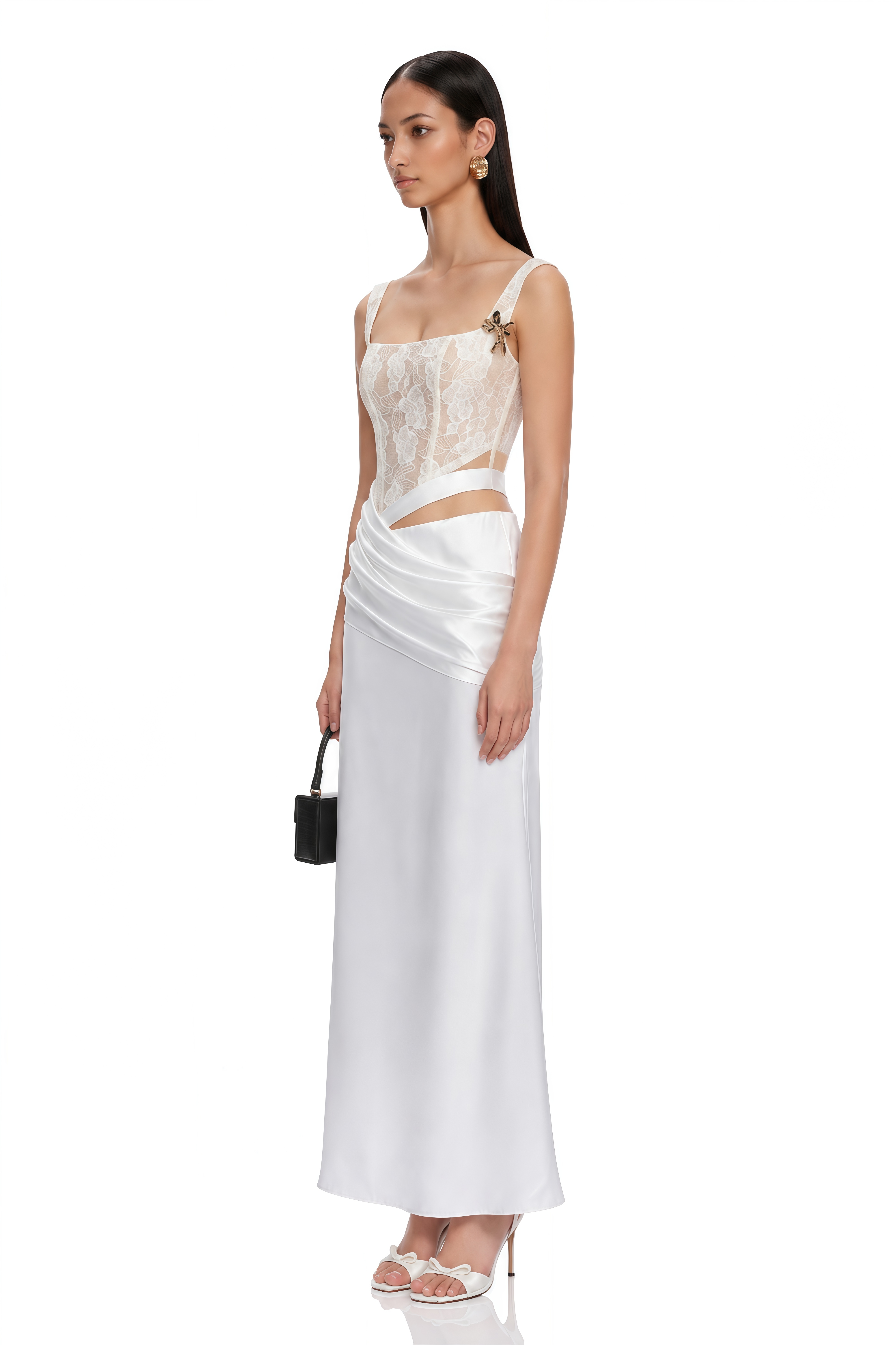 Lorraine White Satin Maxi Dress with Lace Cut-Outs