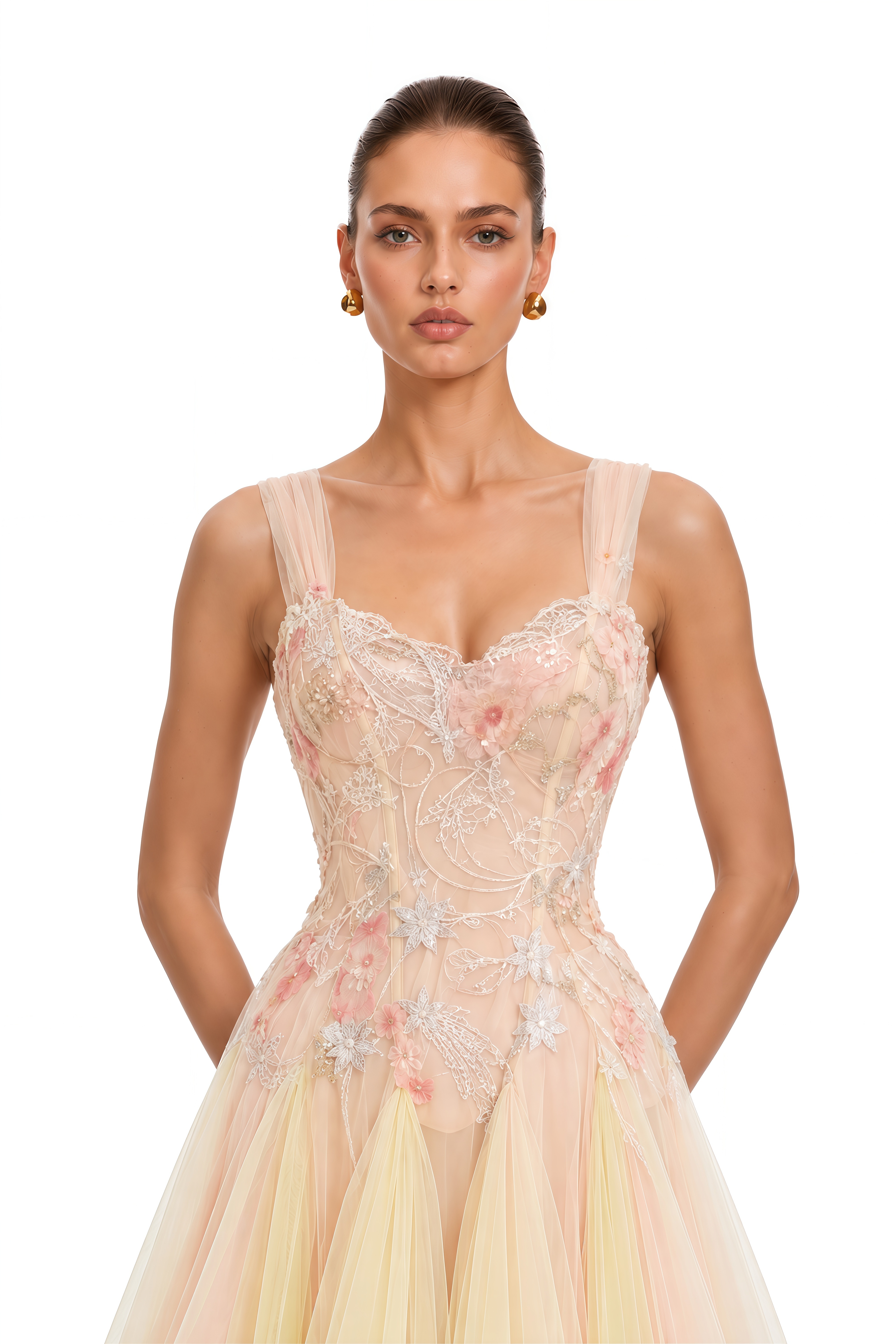 Remi Neutral Sequined Embroidered Tulle Midi Dress
