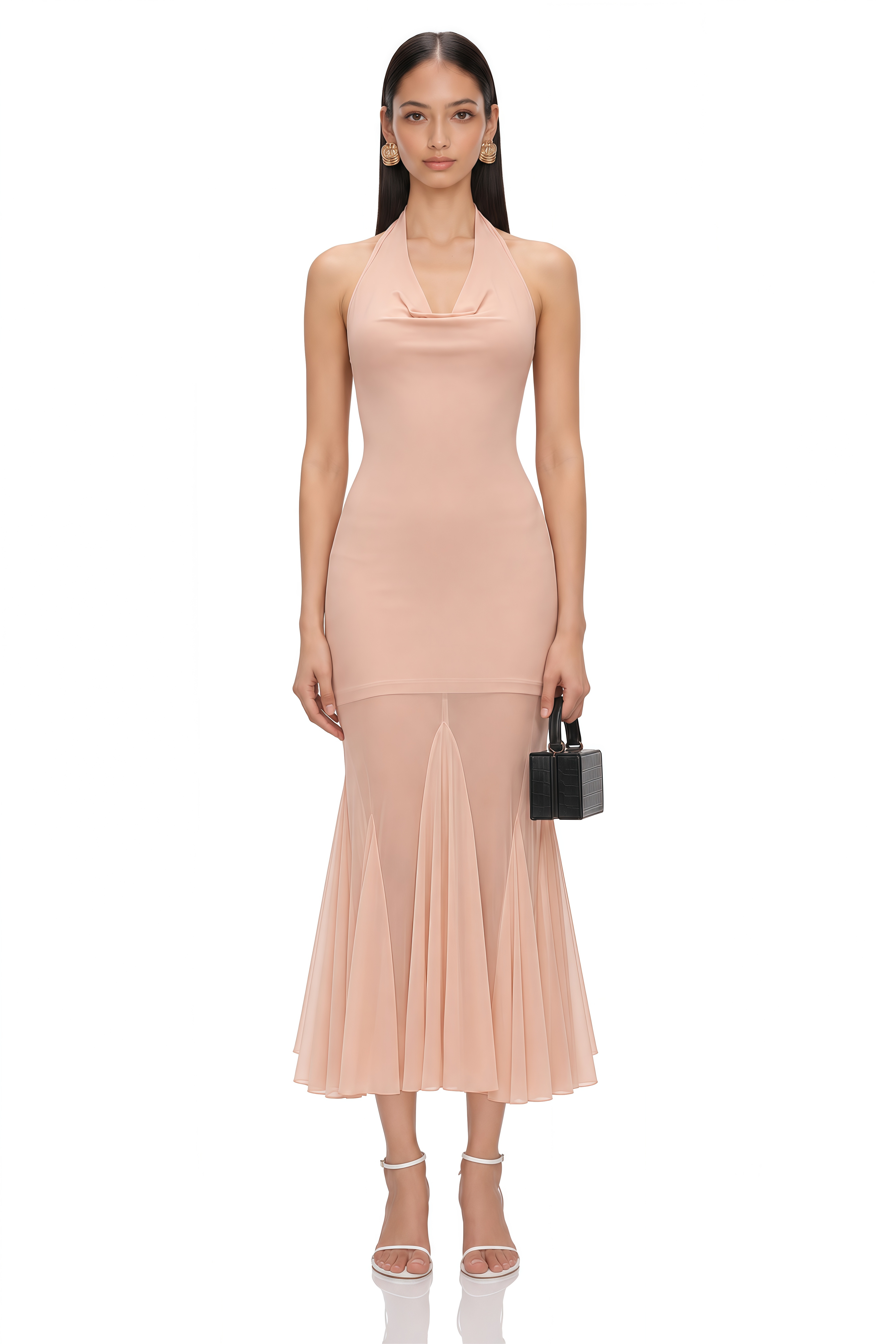 Marianne Pink Halterneck Mermaid Mesh Midi Dress