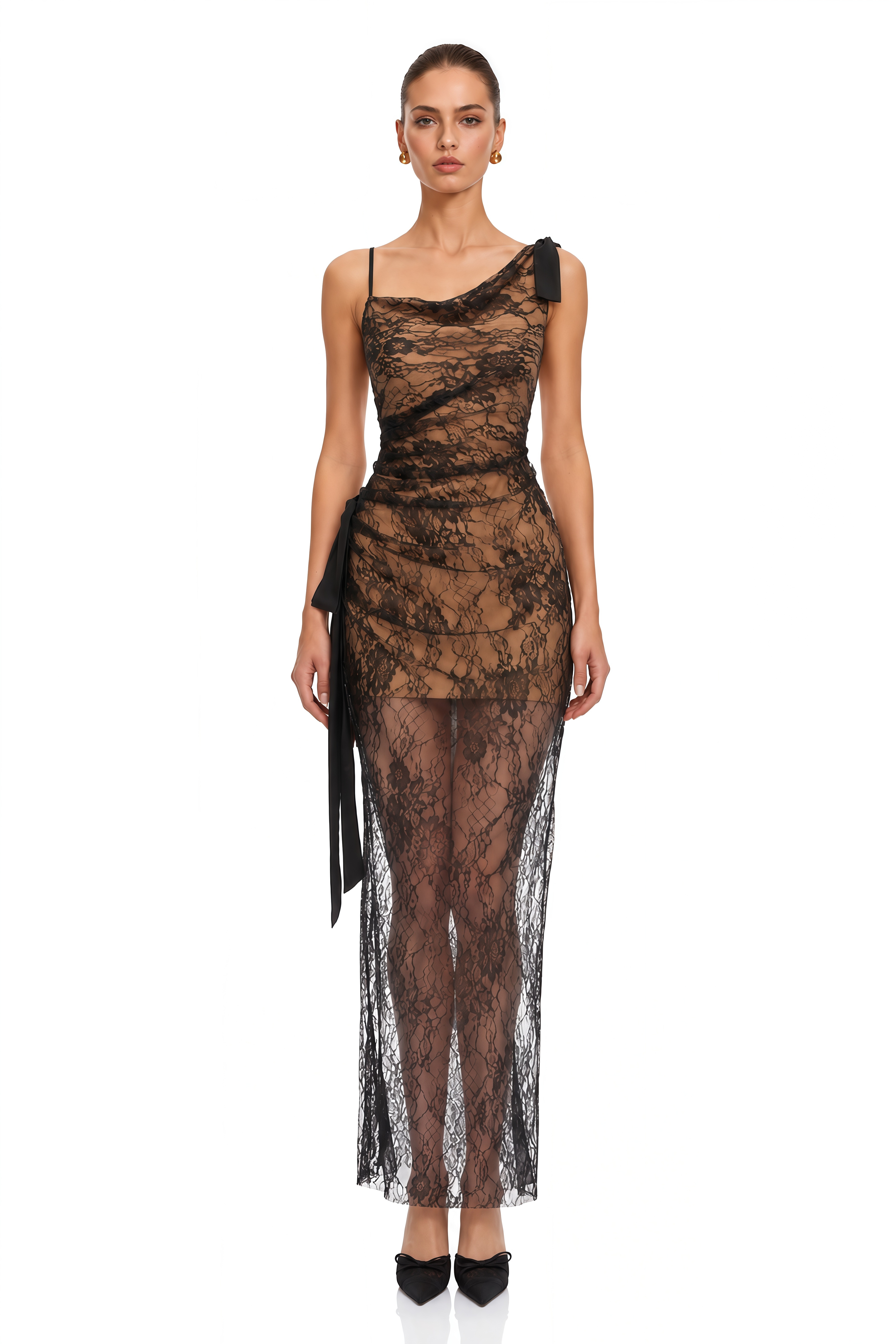 Tiamat Black Floral Lace Asymmetrical Maxi Dress