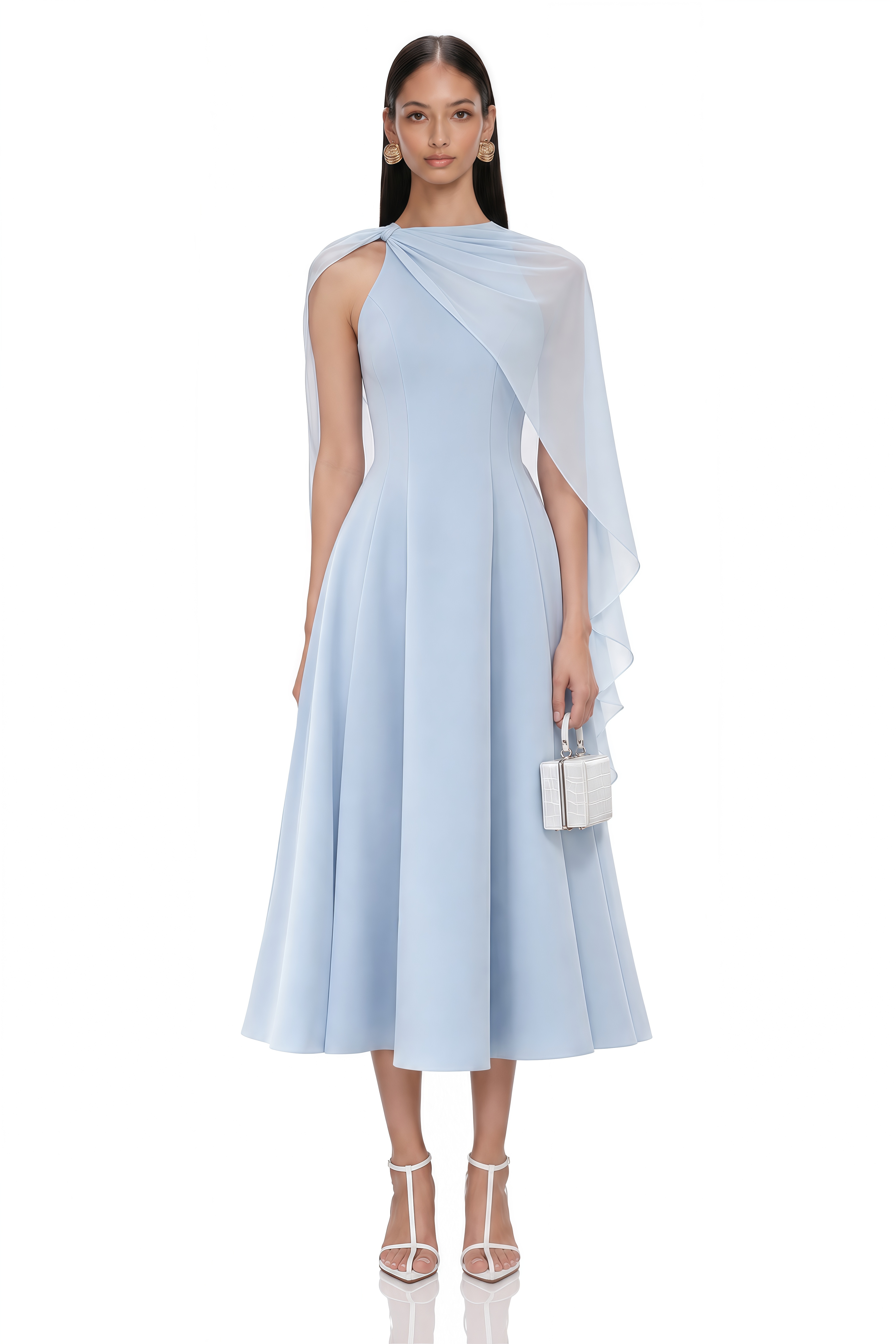 Renee Baby Blue Sleeveless Midi Dress with Draped Cape
