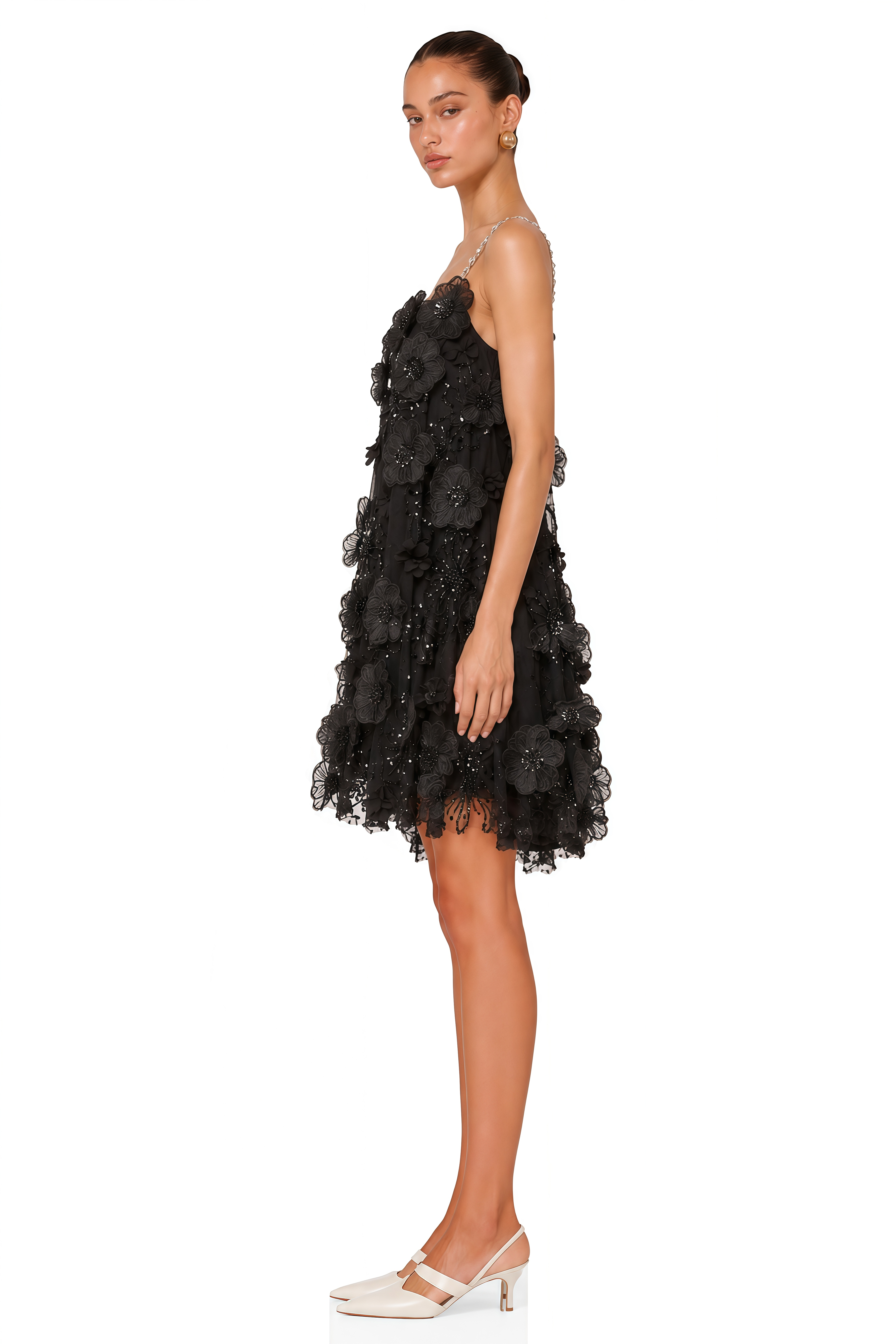 Suzette Crystal-Embellished Floral Mini Dress in Black