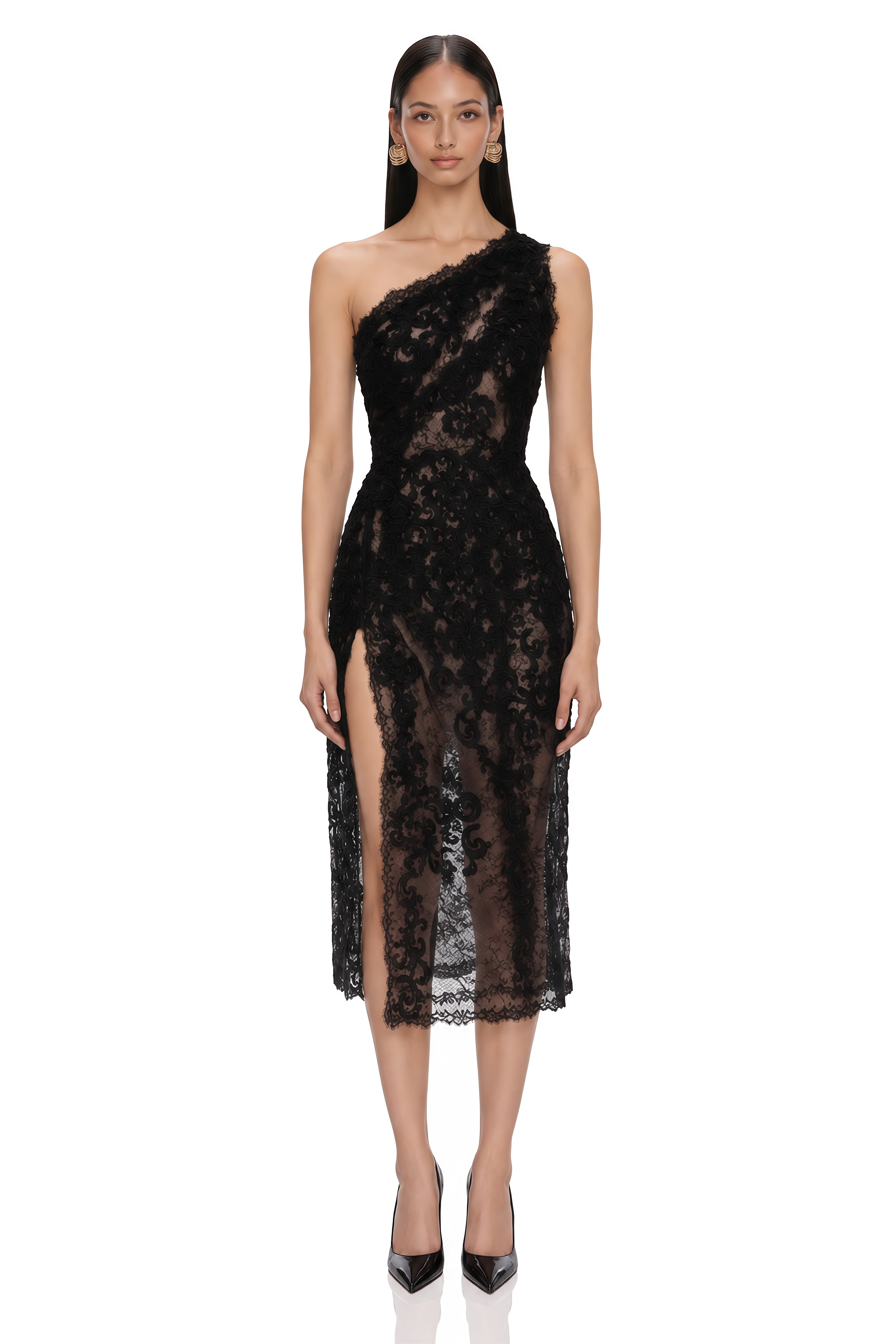Hannah Black 3D Floral Midi Dress wiith Side Slit