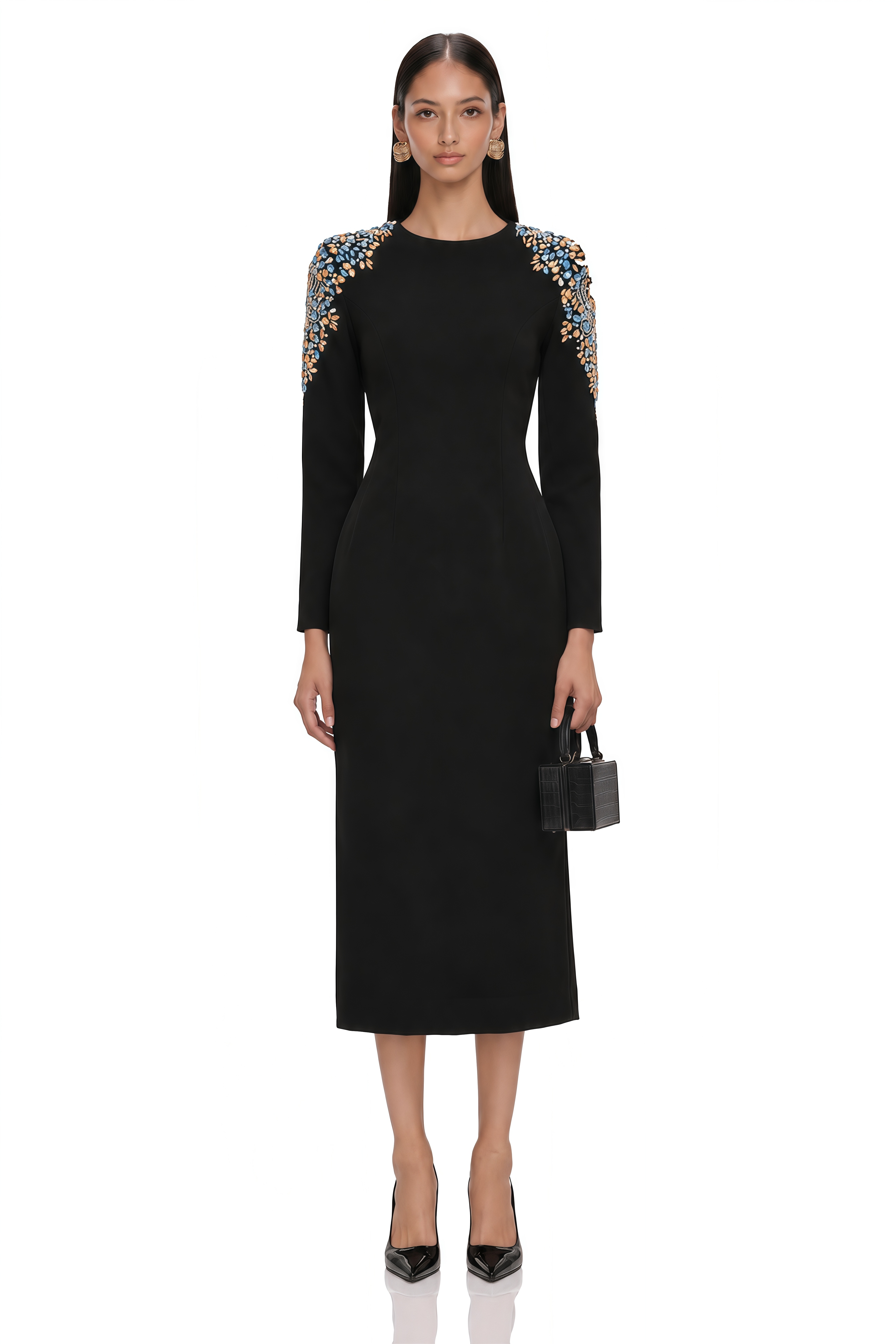 Maelys Black Crystal-Embellished Midi Dress