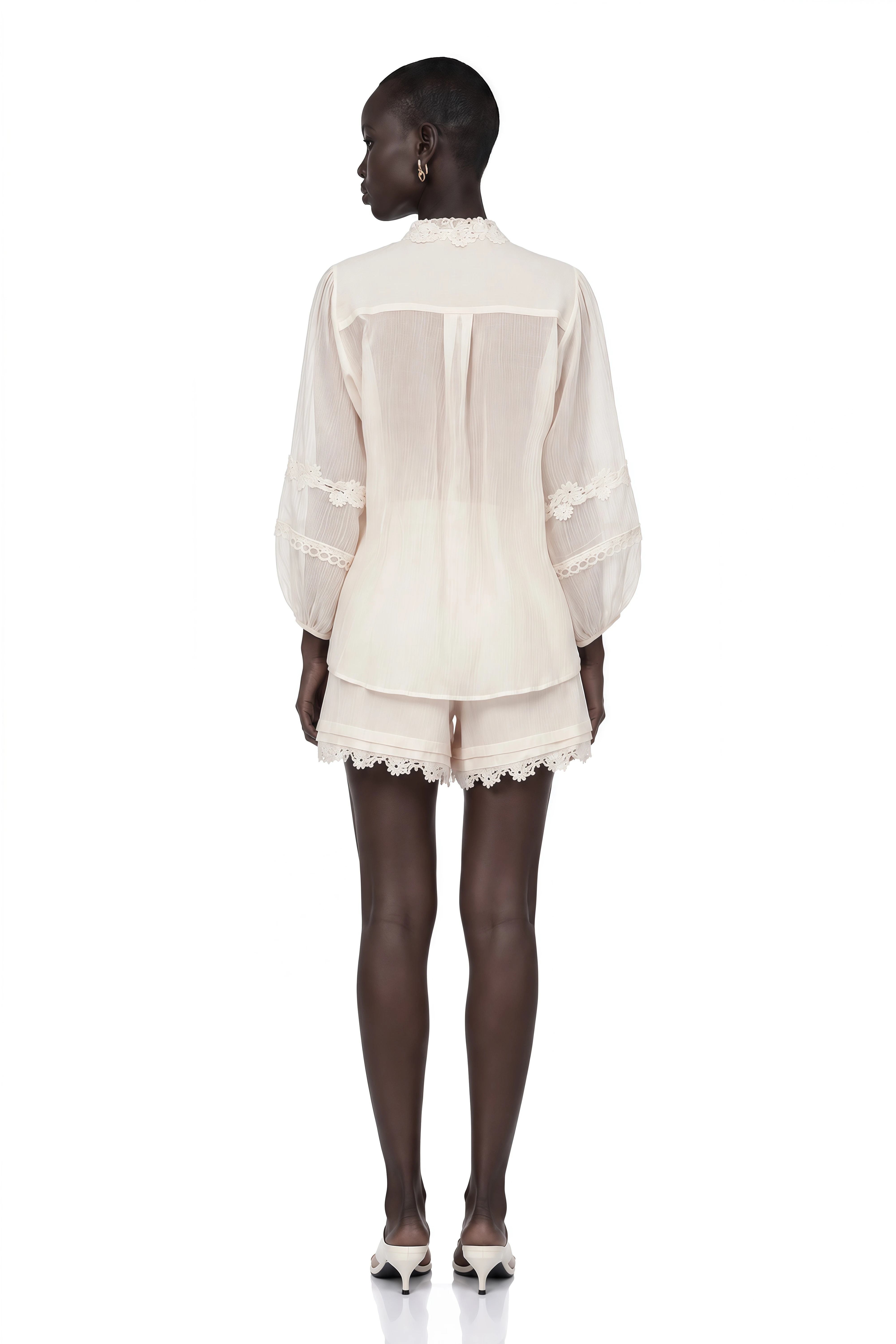 Leonie Ivory V-Neck Blouse & Shorts Set with Floral Applique
