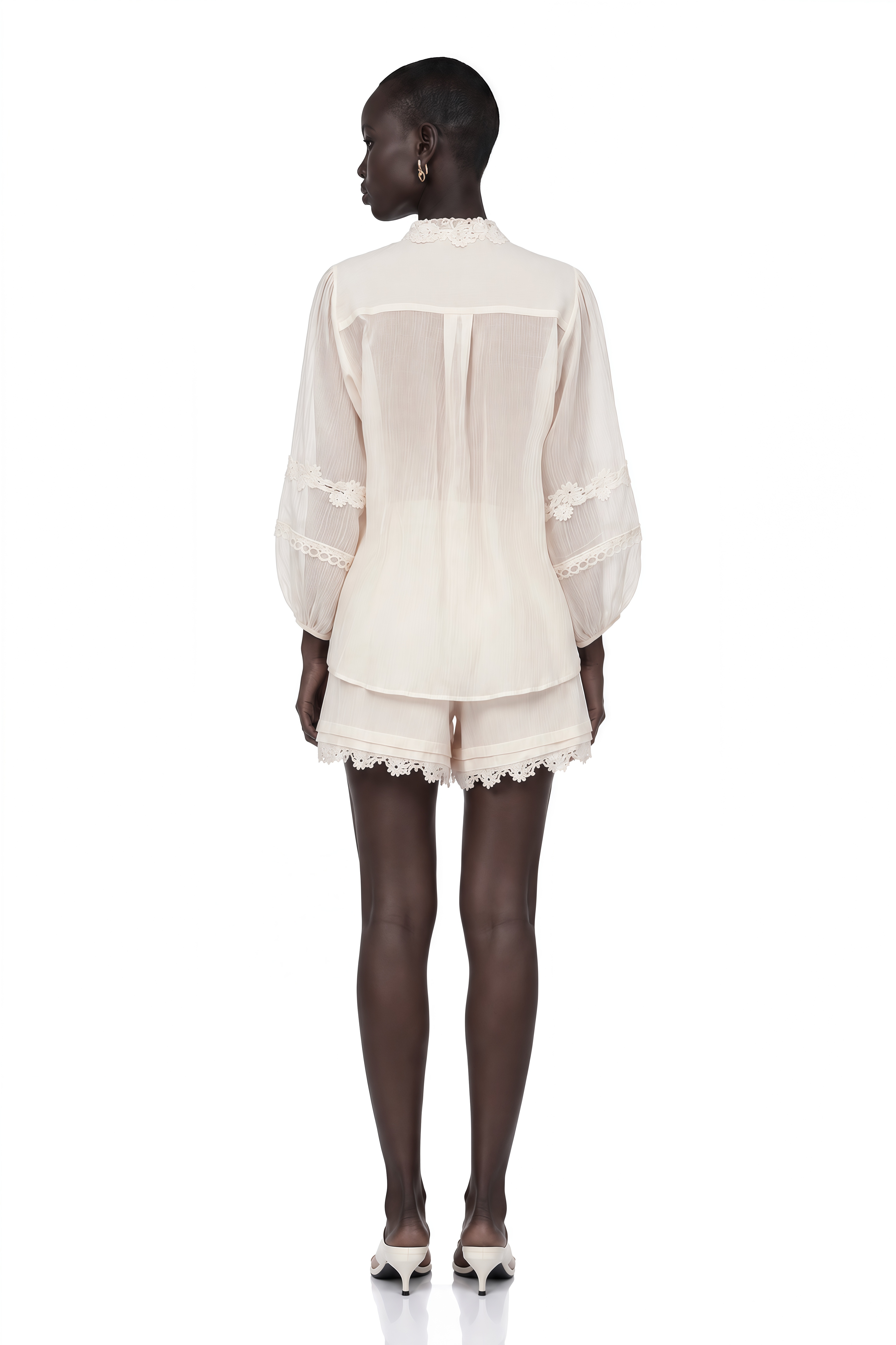 Leonie Ivory V-Neck Blouse & Shorts Set with Floral Applique