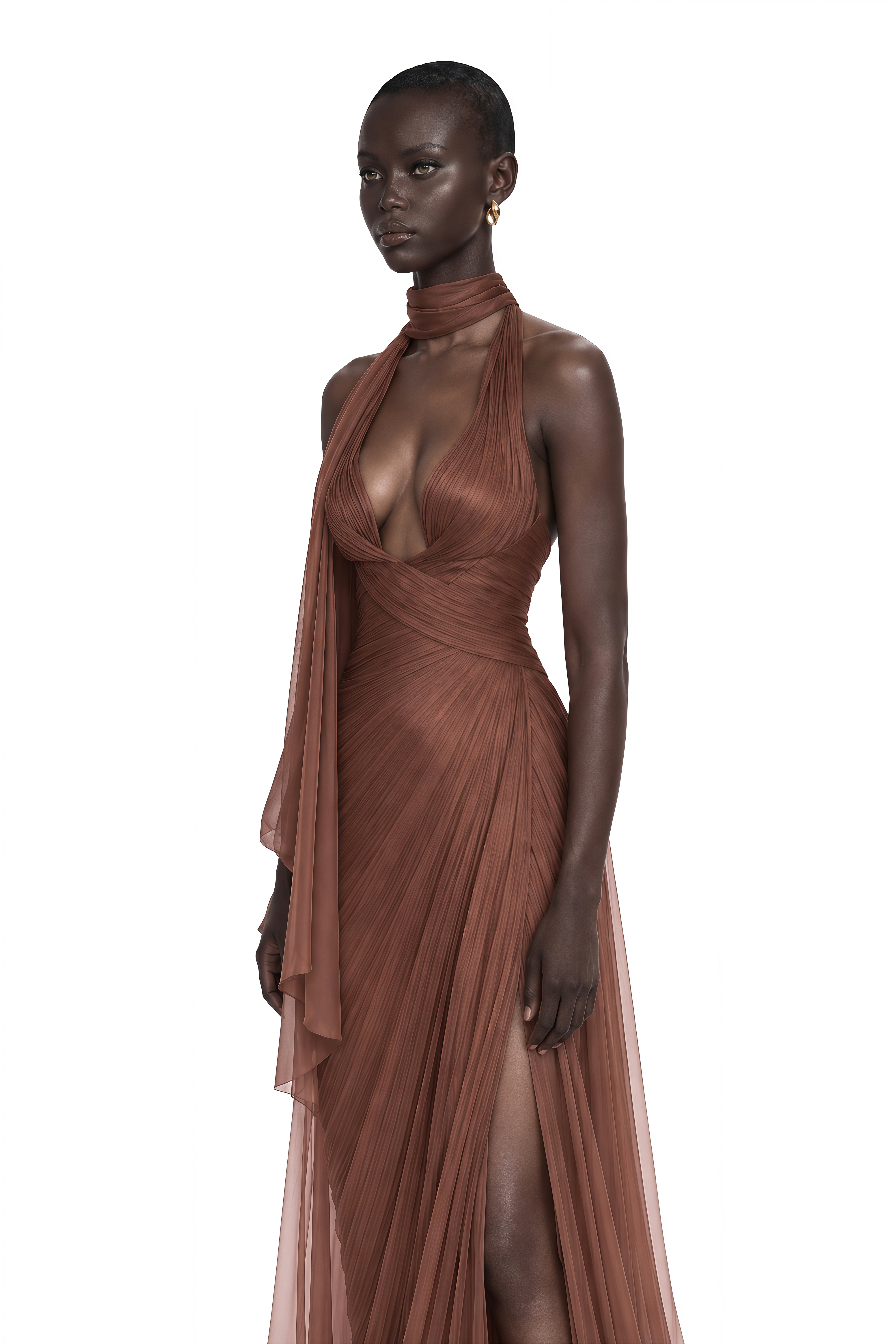 Priscilla Bronze Pleated Halter Plunge Maxi Dress