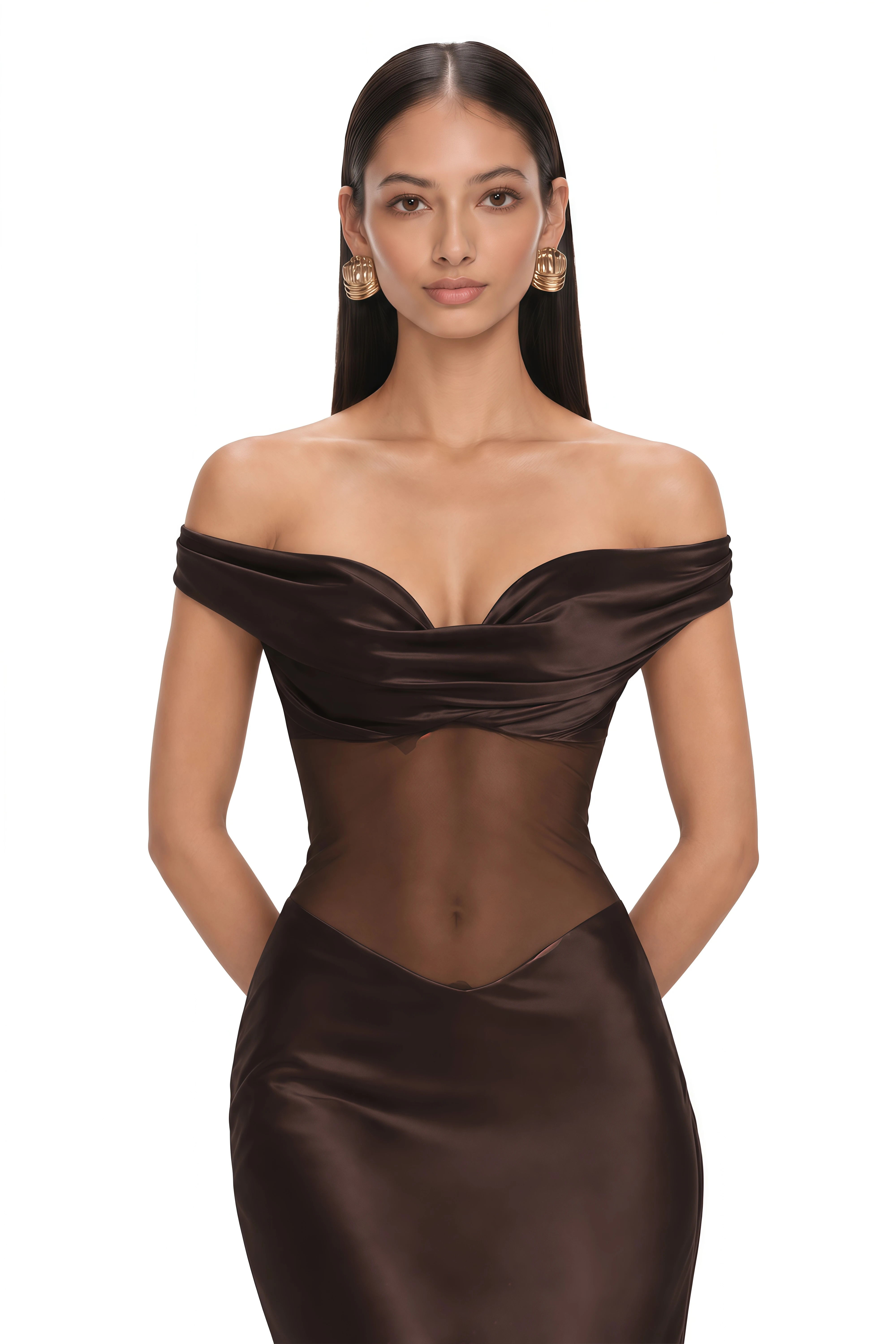 Gitta Brown Off Shoulder Satin Maxi Gown