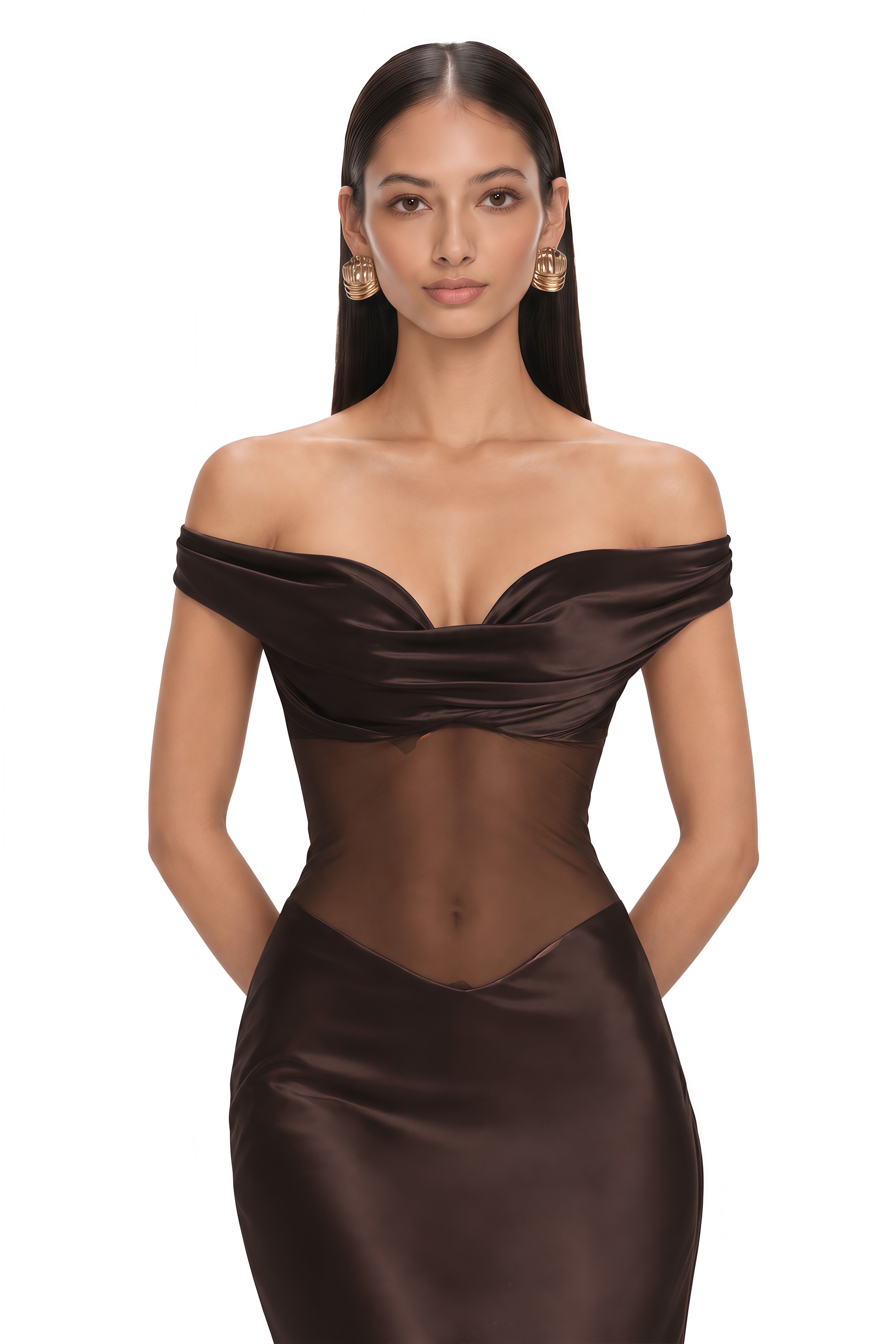 Gitta Brown Off Shoulder Satin Maxi Gown