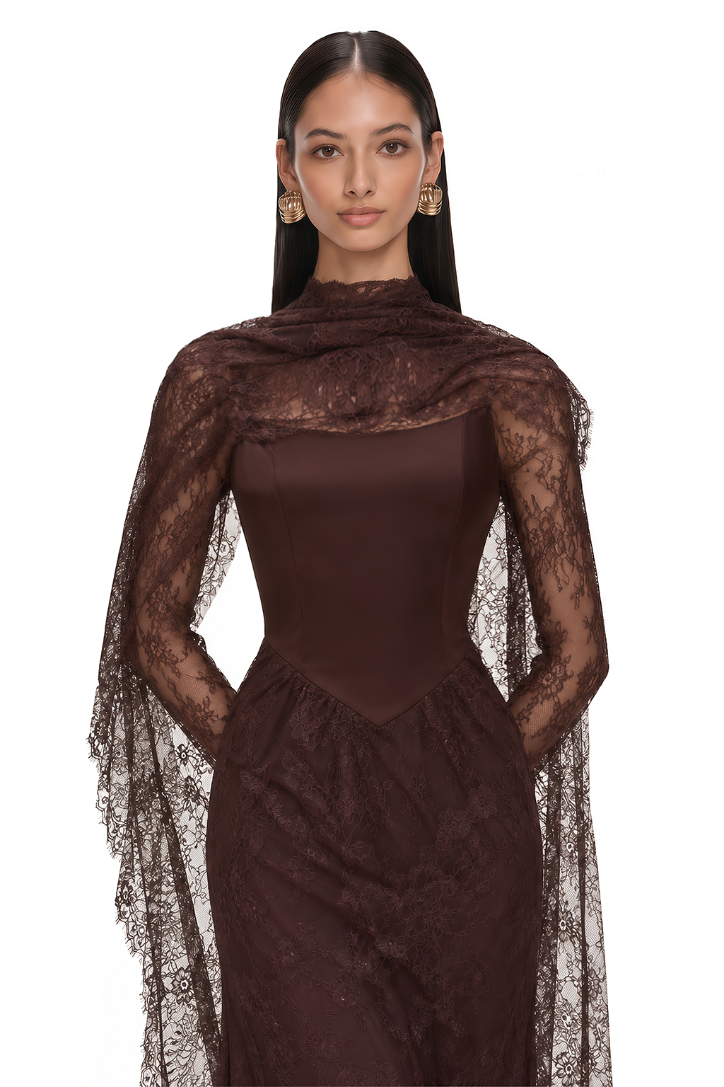 Christa Brown Floral Lace Maxi Dress with Cape