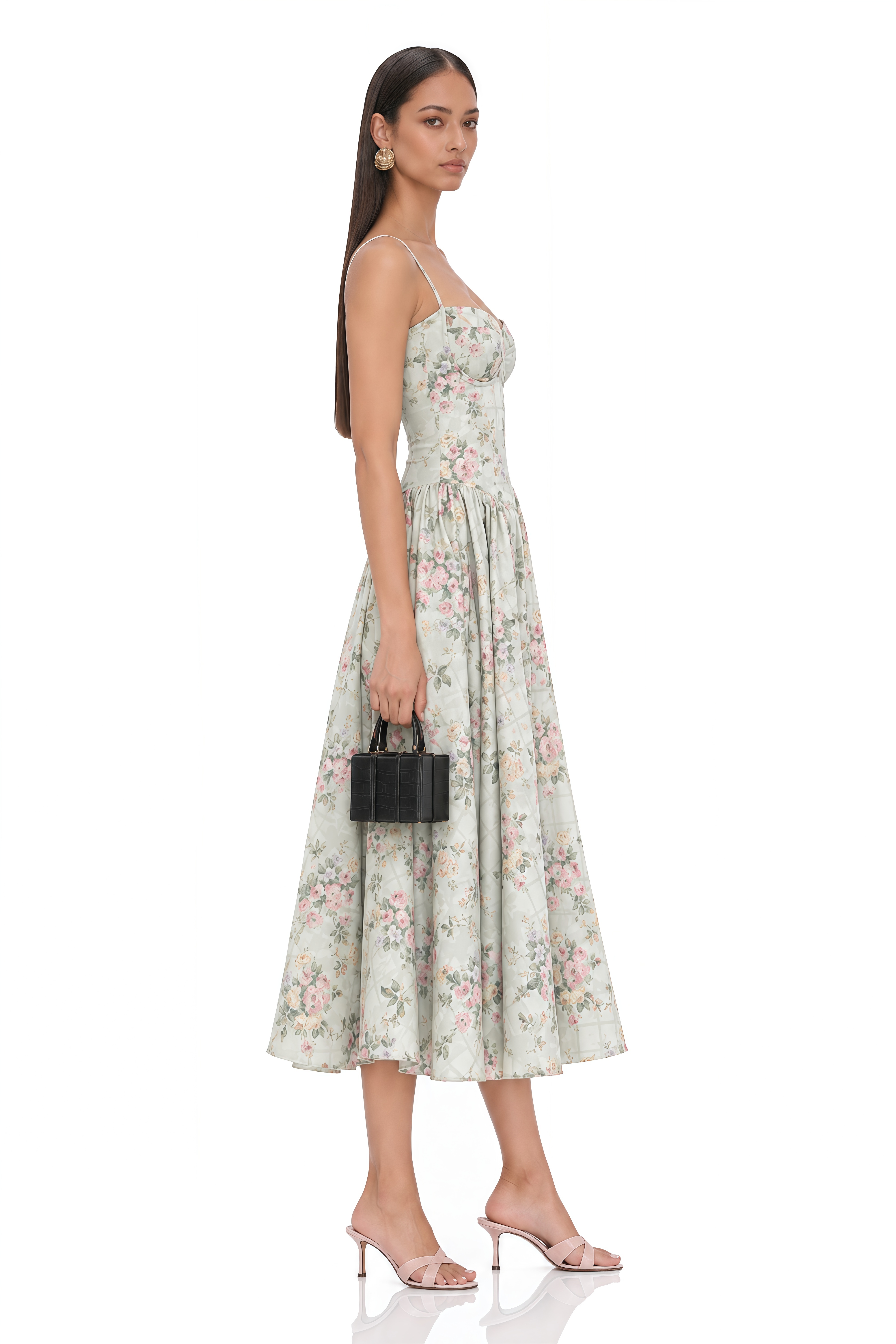 Prunelle Sage-Green Floral-Print Shirred Midi Dress