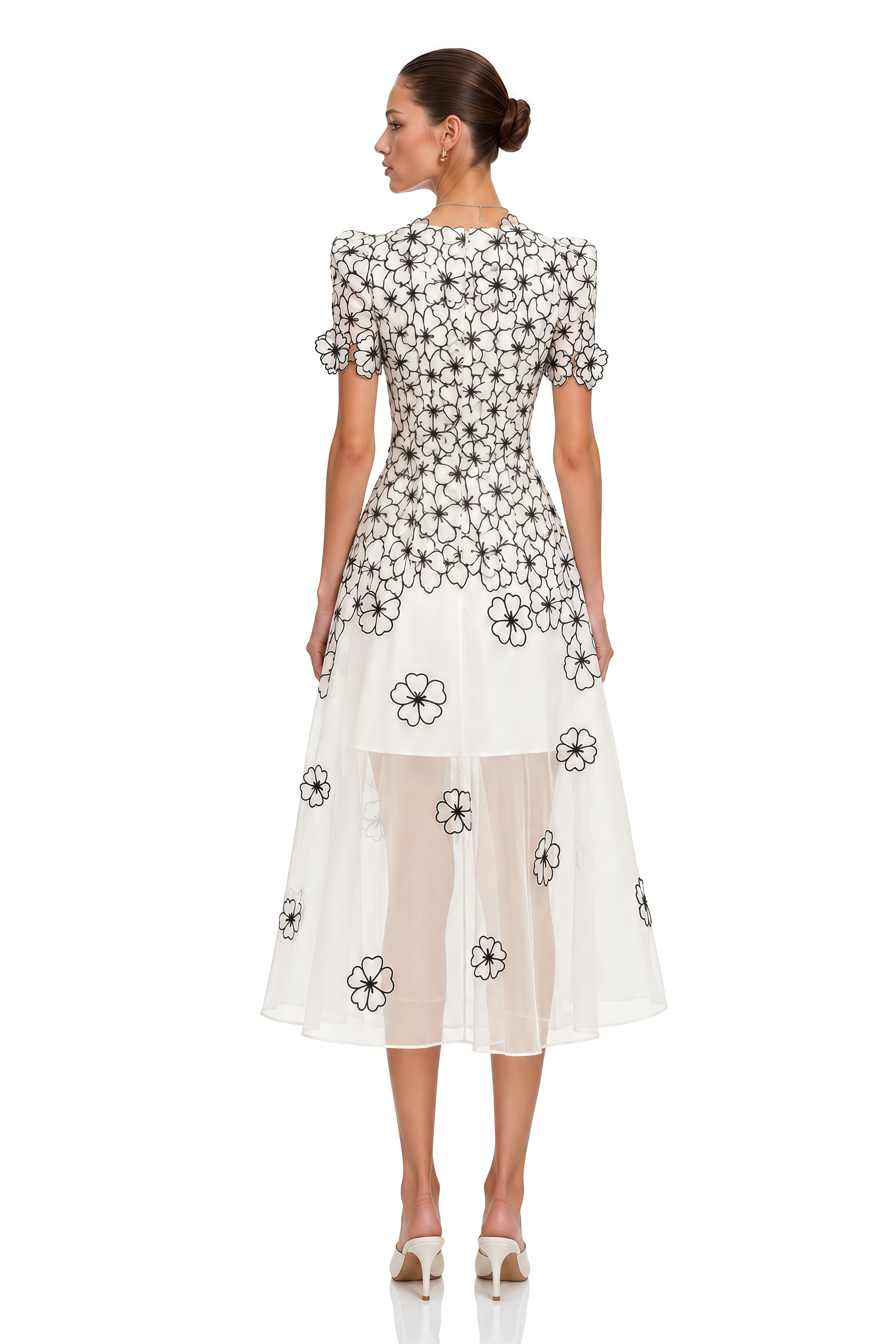 Yaelle White Floral Appliqué Tulle Midi Dress