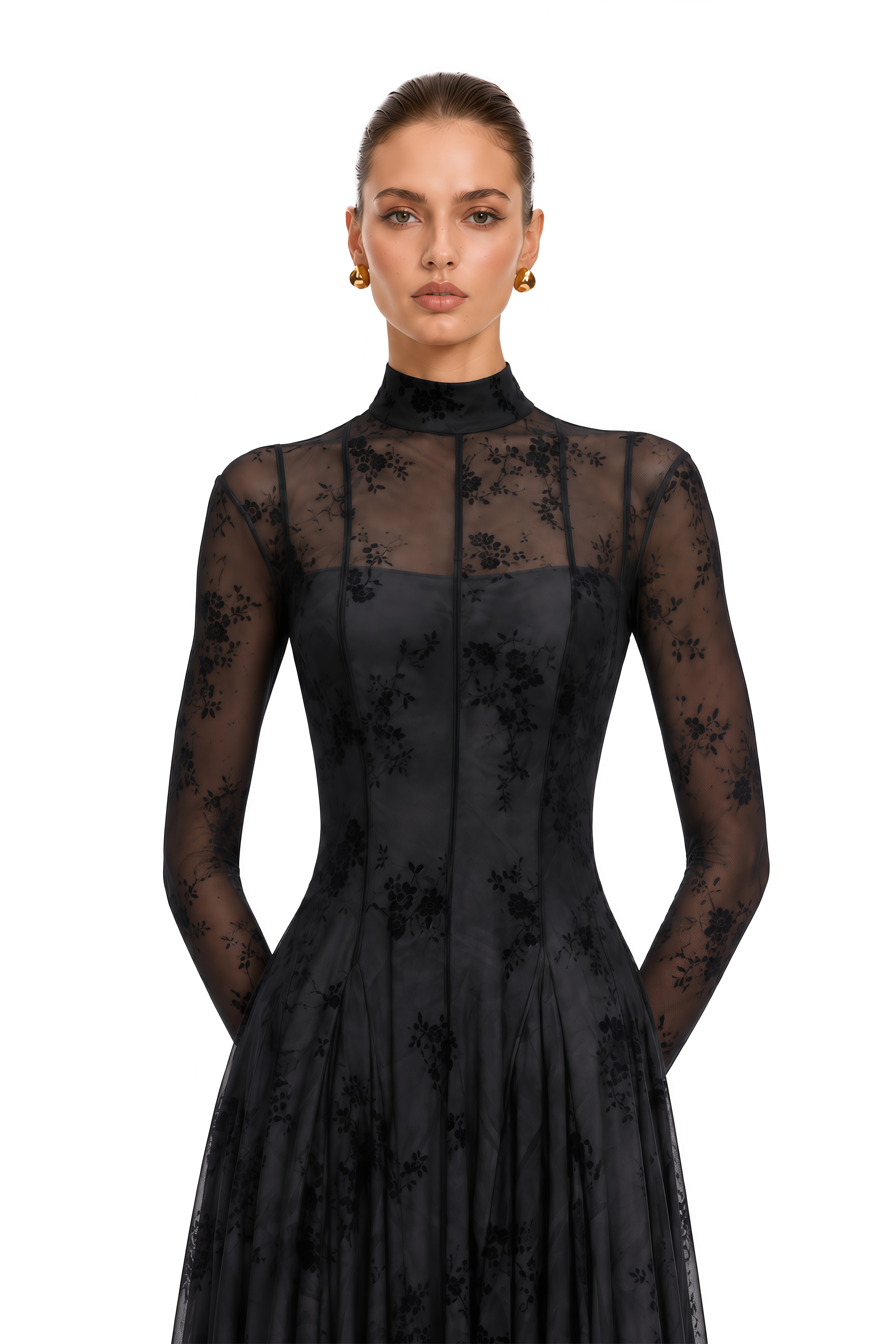 Ariadne Black Flocked Tulle Maxi Dress