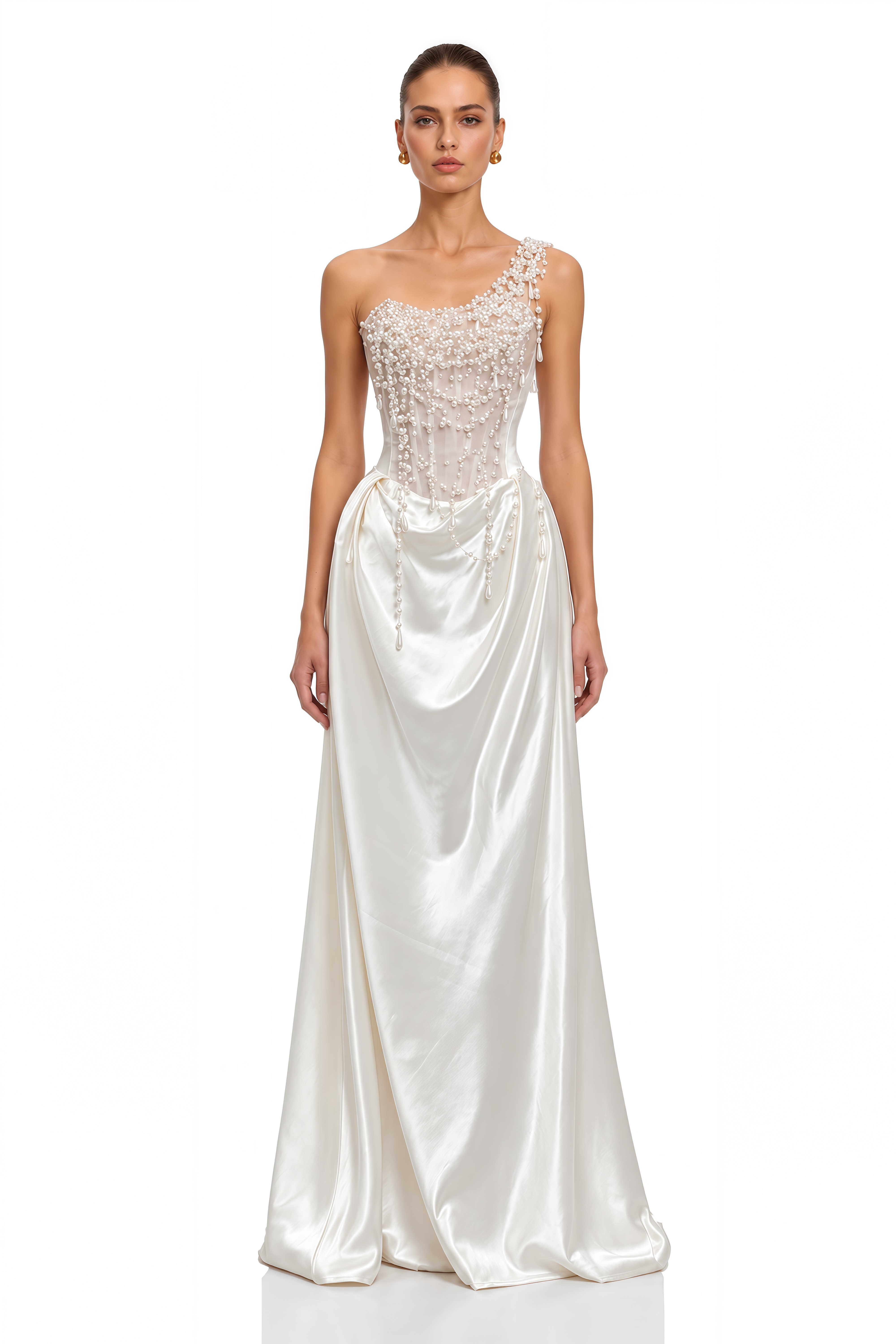 Hasti Cream White Ruched Maxi Dress with Chain Detail