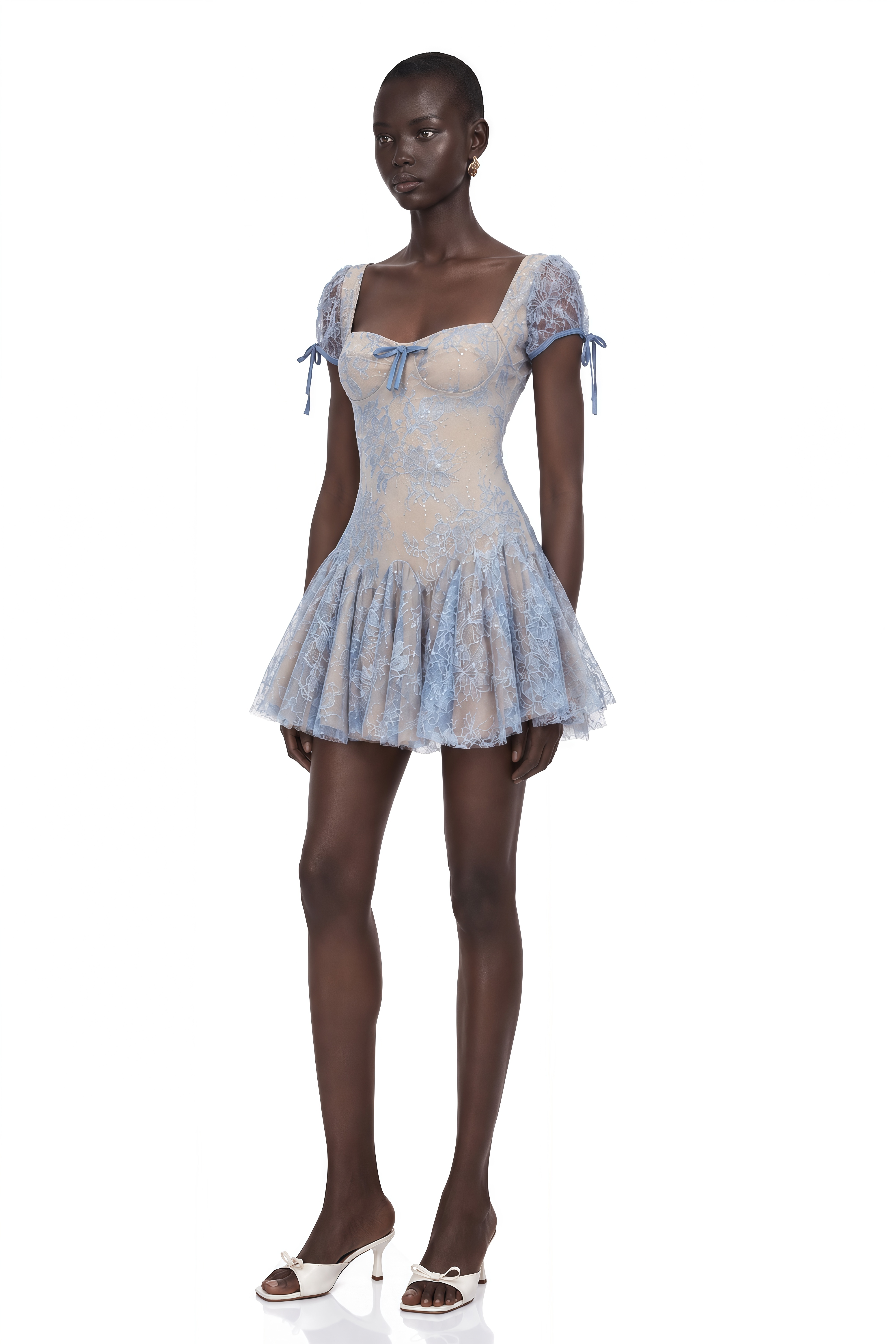 Ruslana Dusty Blue Ruched Lace Mini Dress