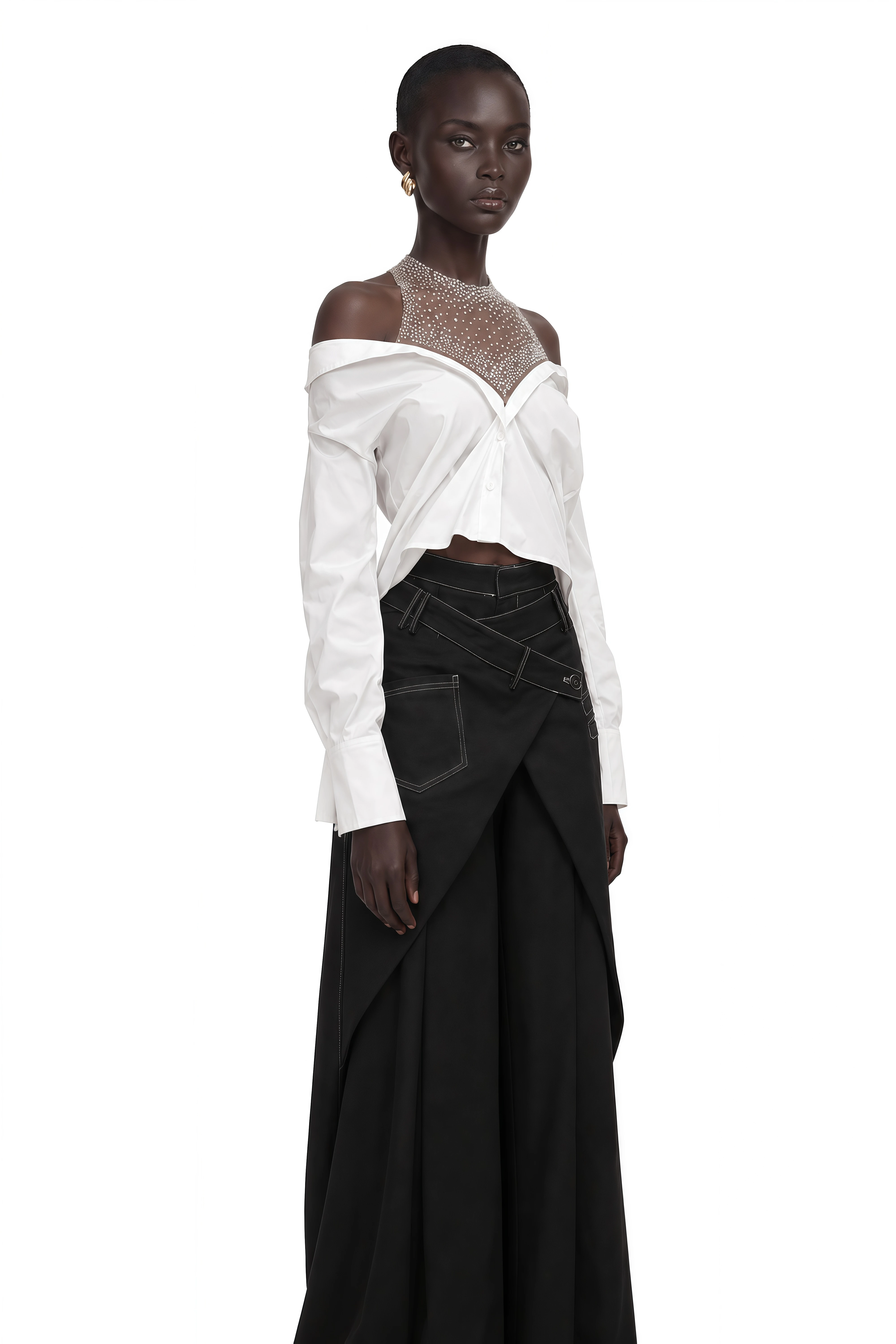 Fernande White Rhinestone Mesh Panel Shirt