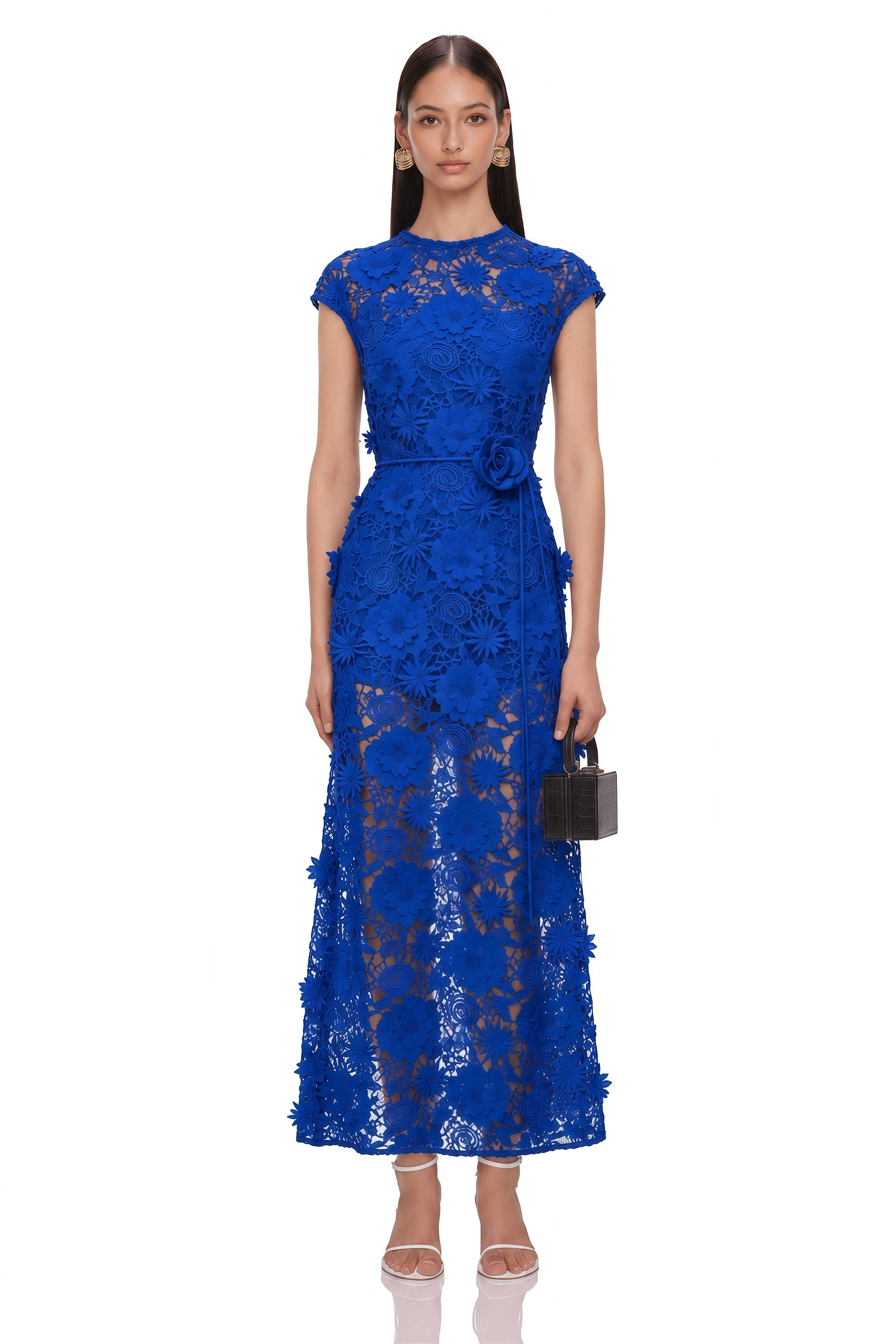 Jochebed Blue Floral Appliqué Maxi Dress with Cut-Outs
