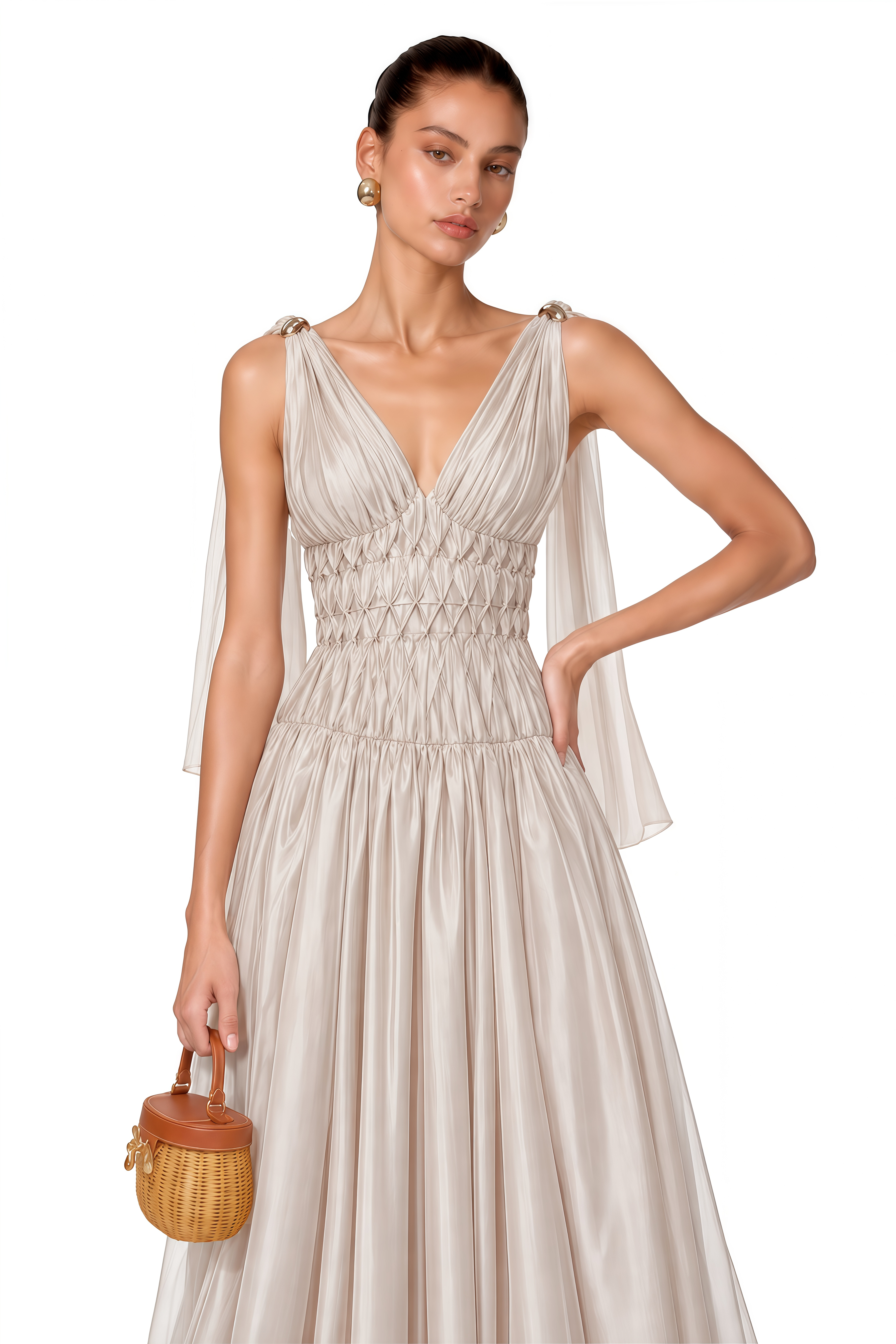 Ismerie Champagne V-Neck Ruched Maxi Dress