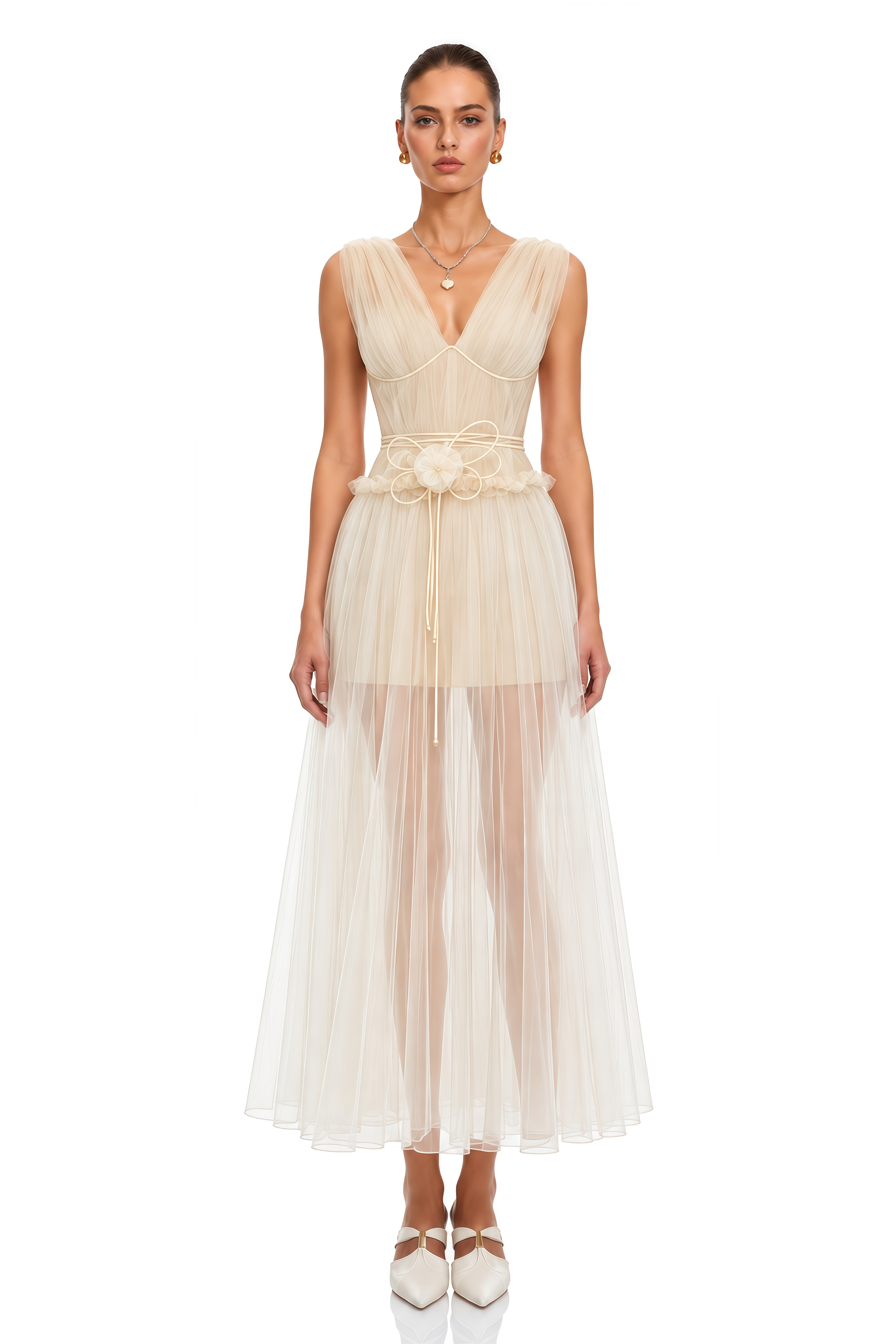 Octavia Beige V-neck Semi-sheer Ruched Maxi Dress