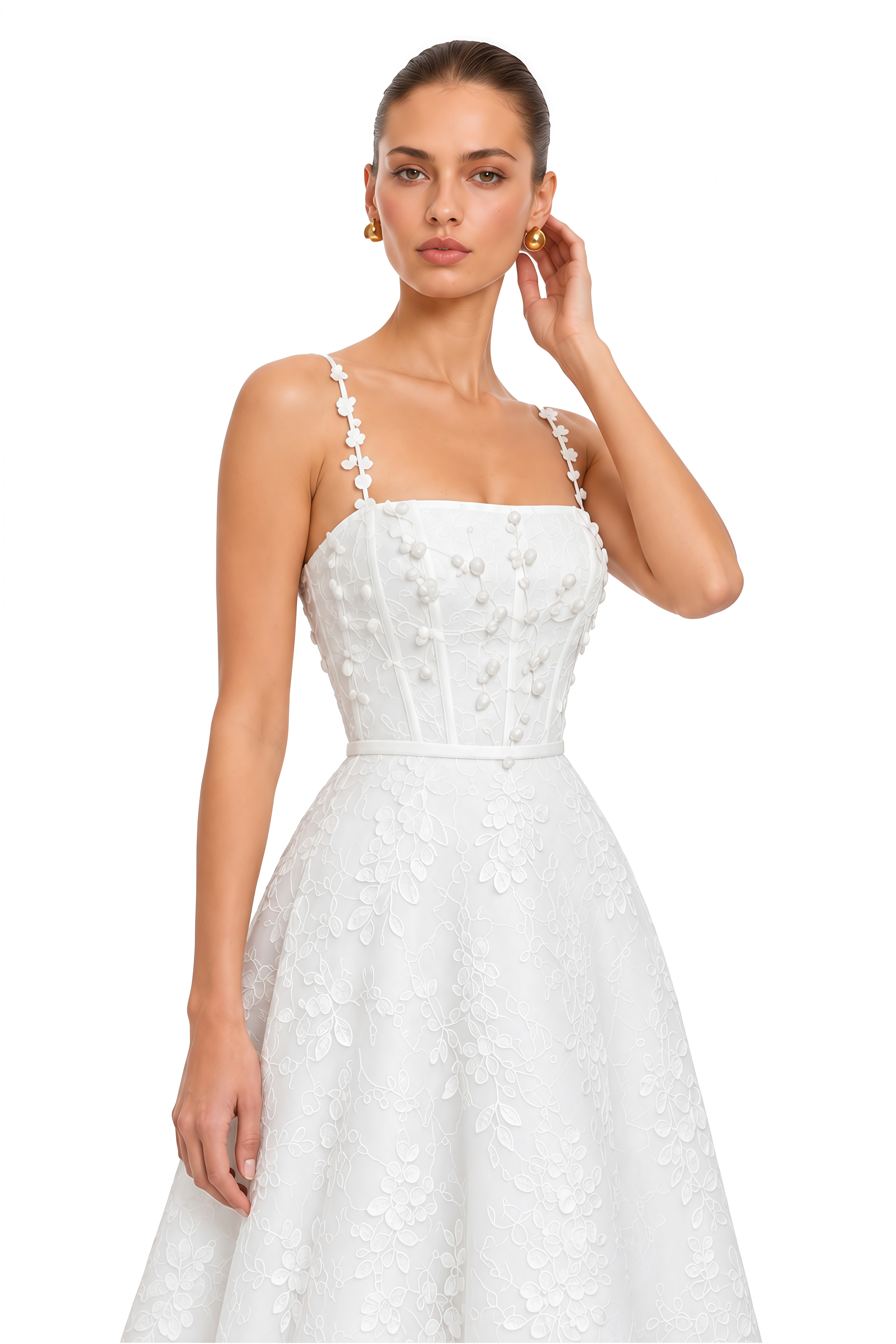 Loretta White Square Neck Midi Dress with 3D Florals
