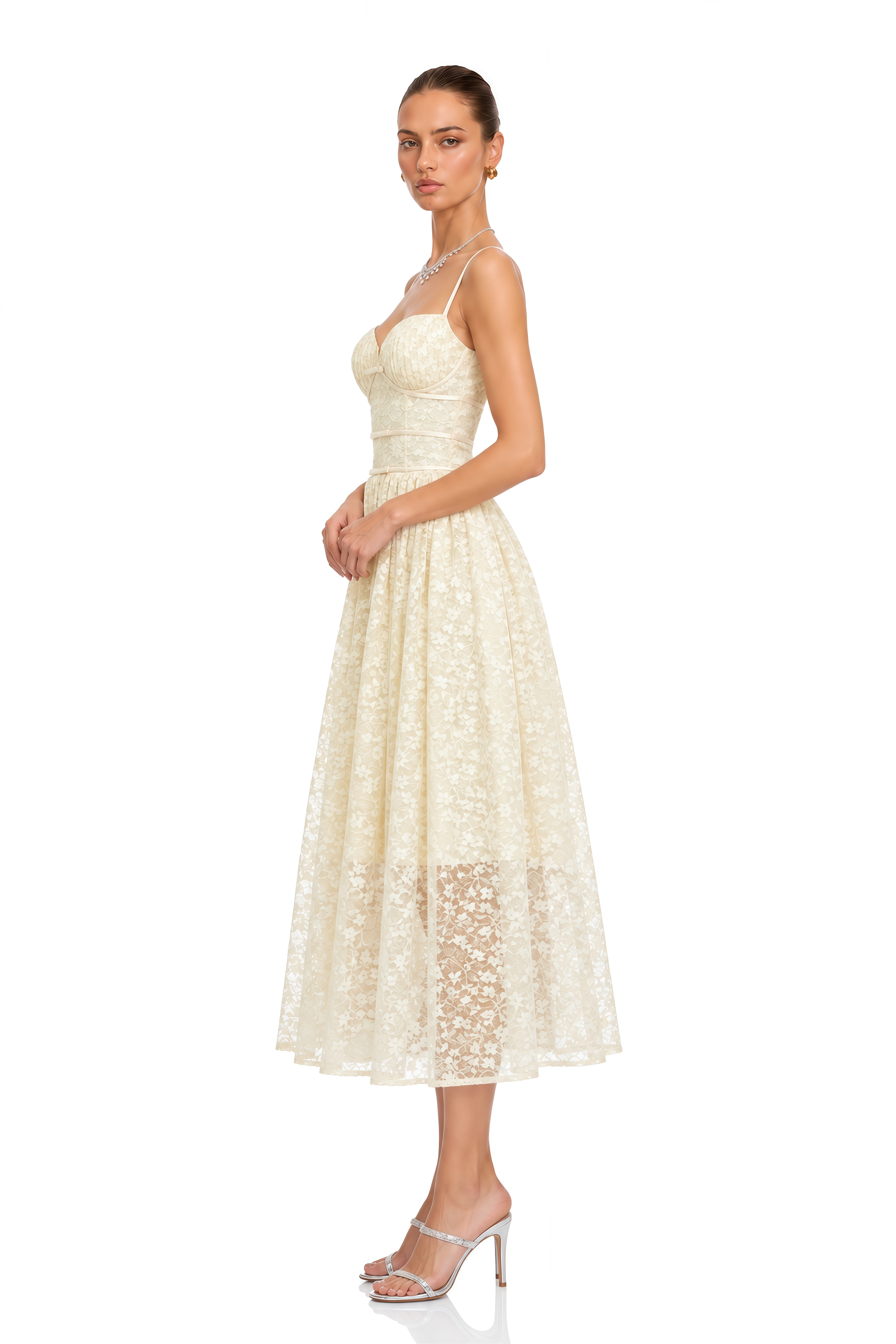 Ihaka Cream Sweetheart Lace Pleated Midi Dress
