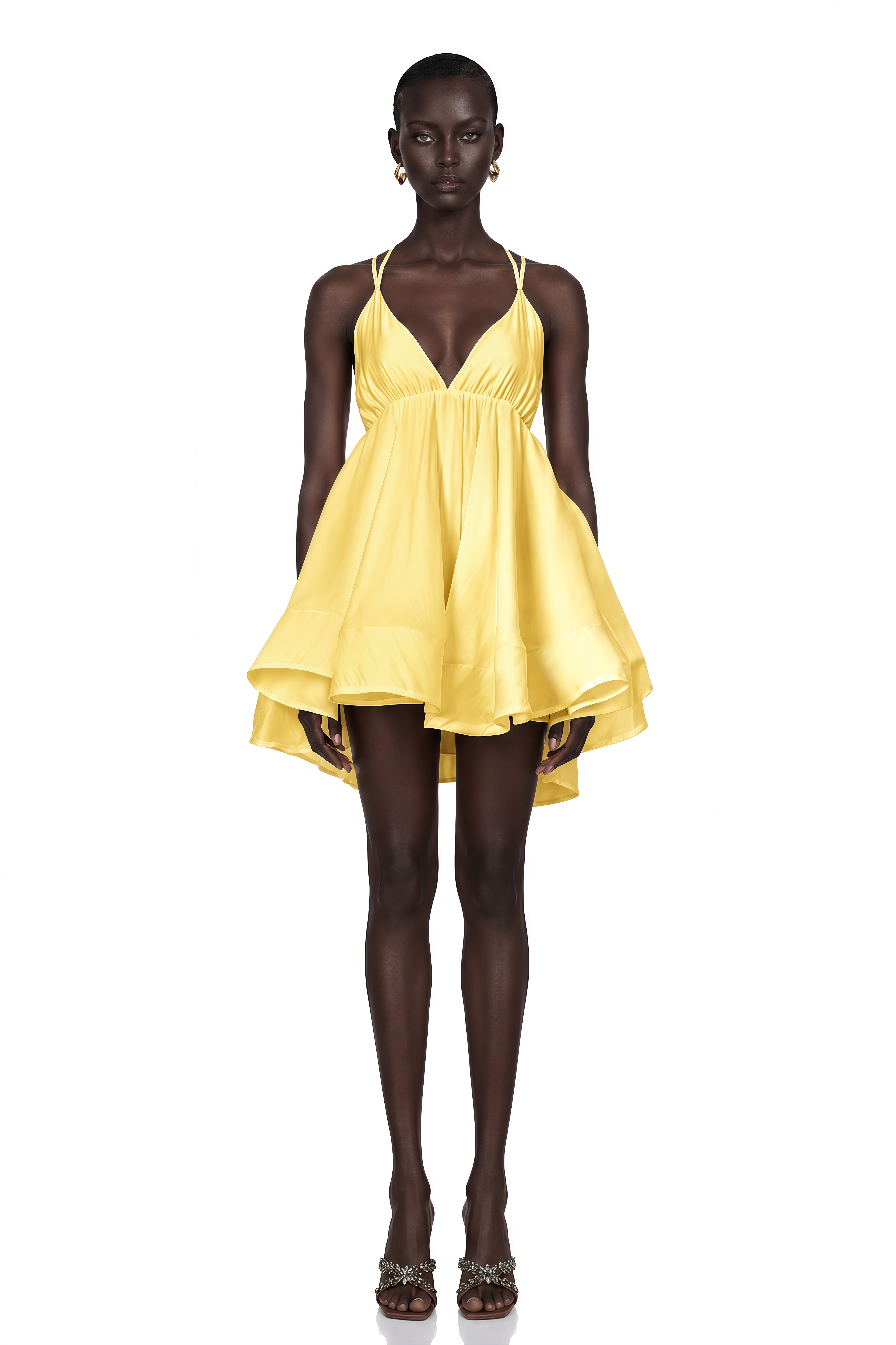 Quincie Yellow Shirred Flounced Mini Dress