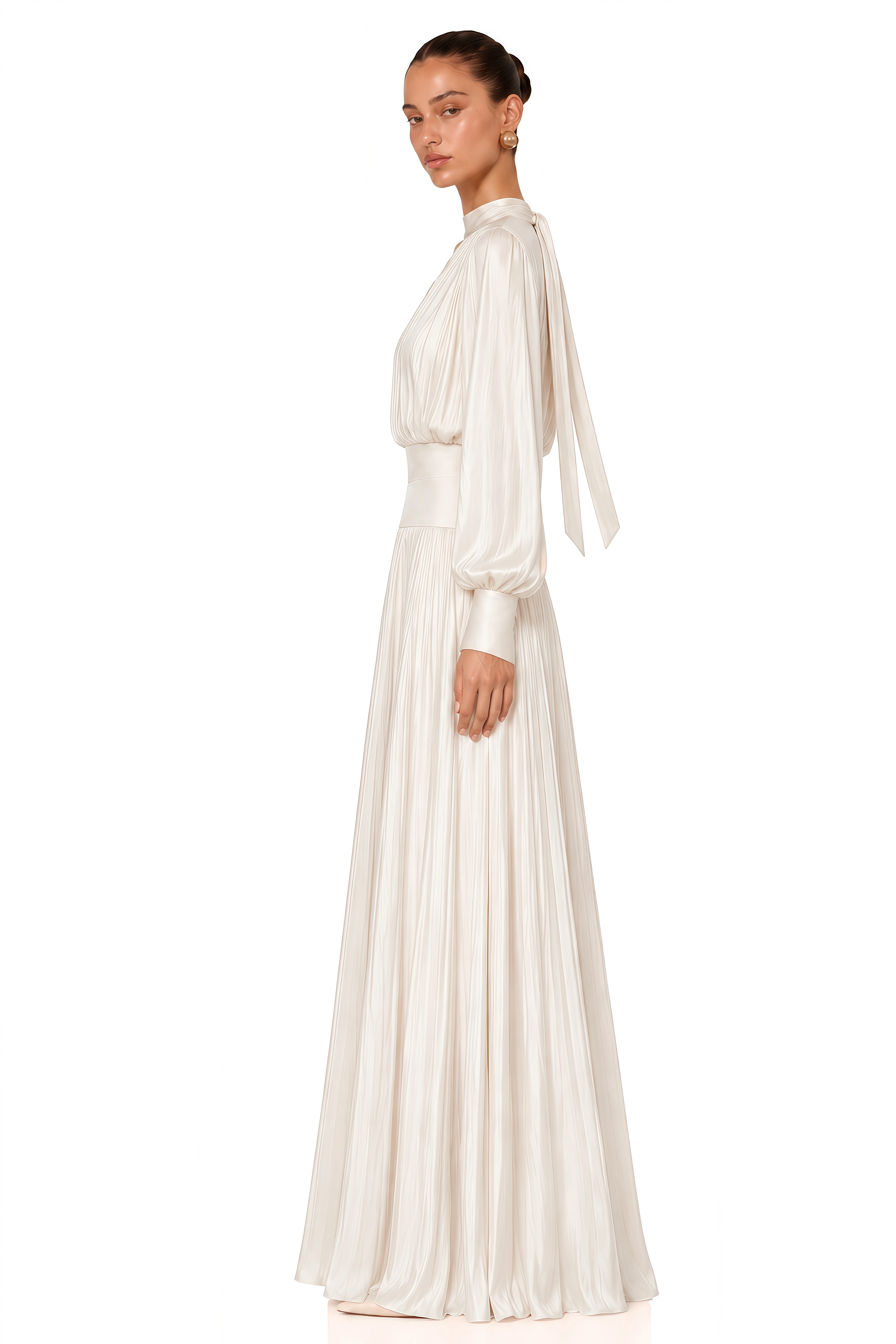 Valerie Neutral Self-Tie Pleated Maxi Dress