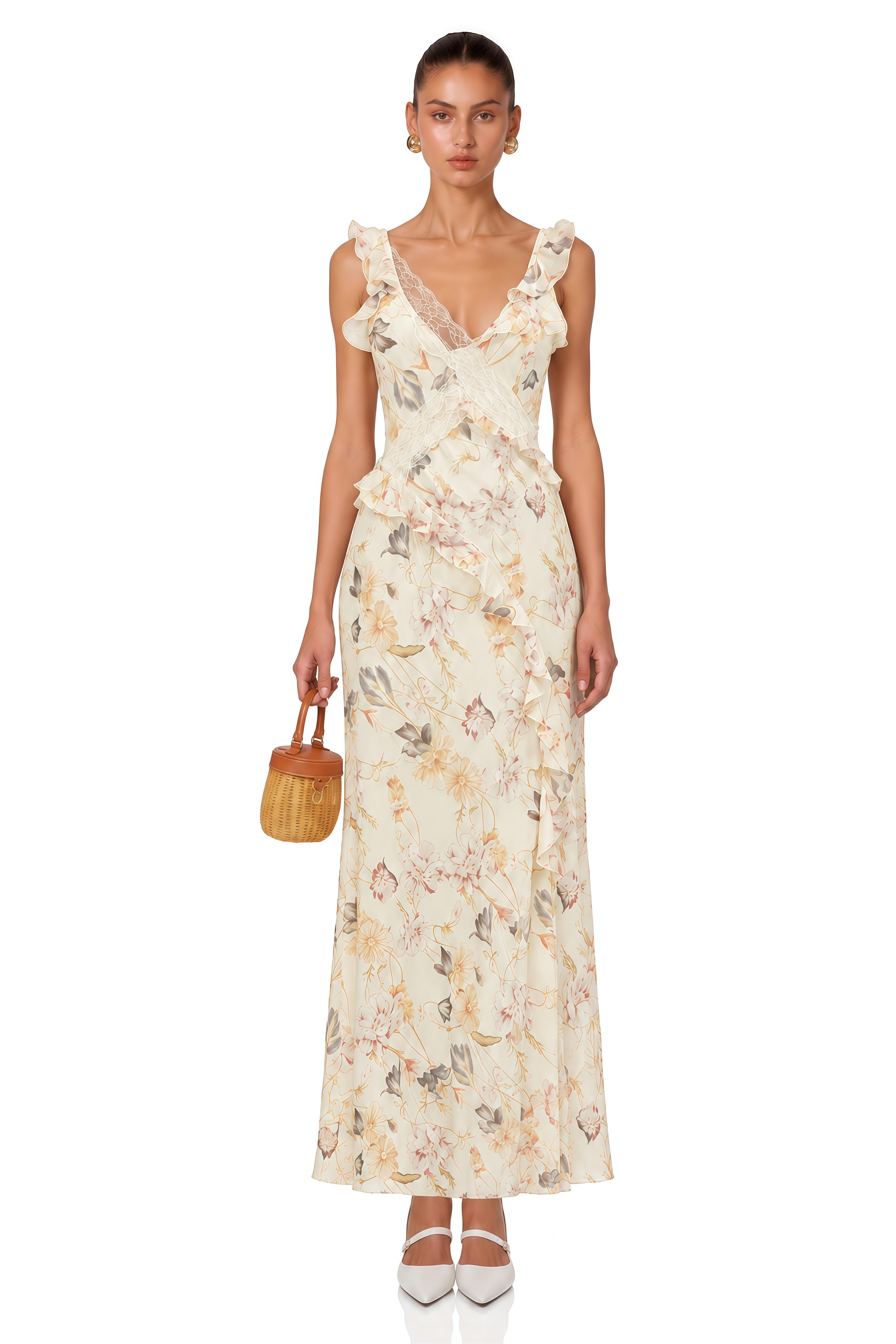 Teresa Cream Floral Print Midi Dress with Lace Panels