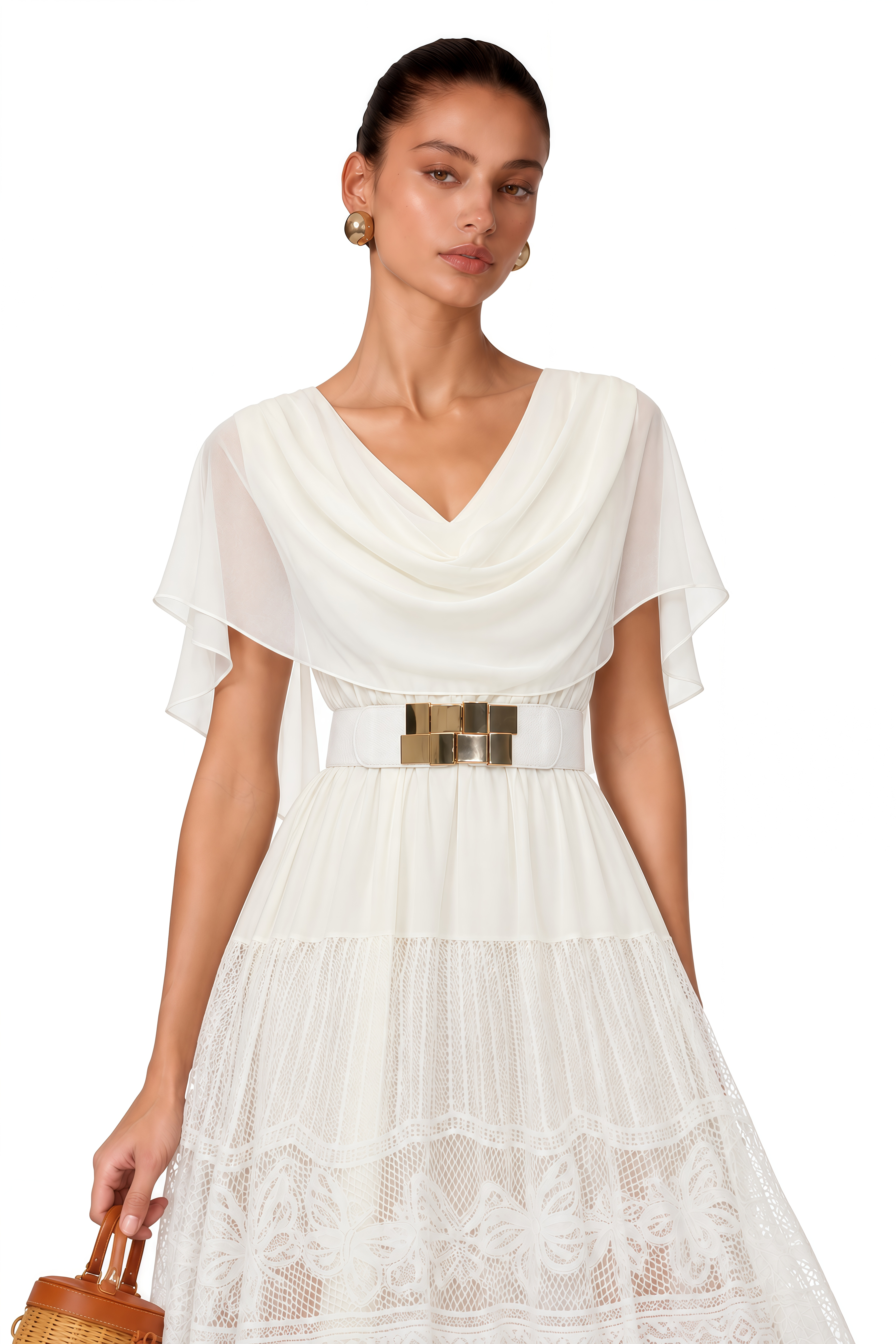 Yolaine White Cowl Neck Midi Dress with Lace Panels
