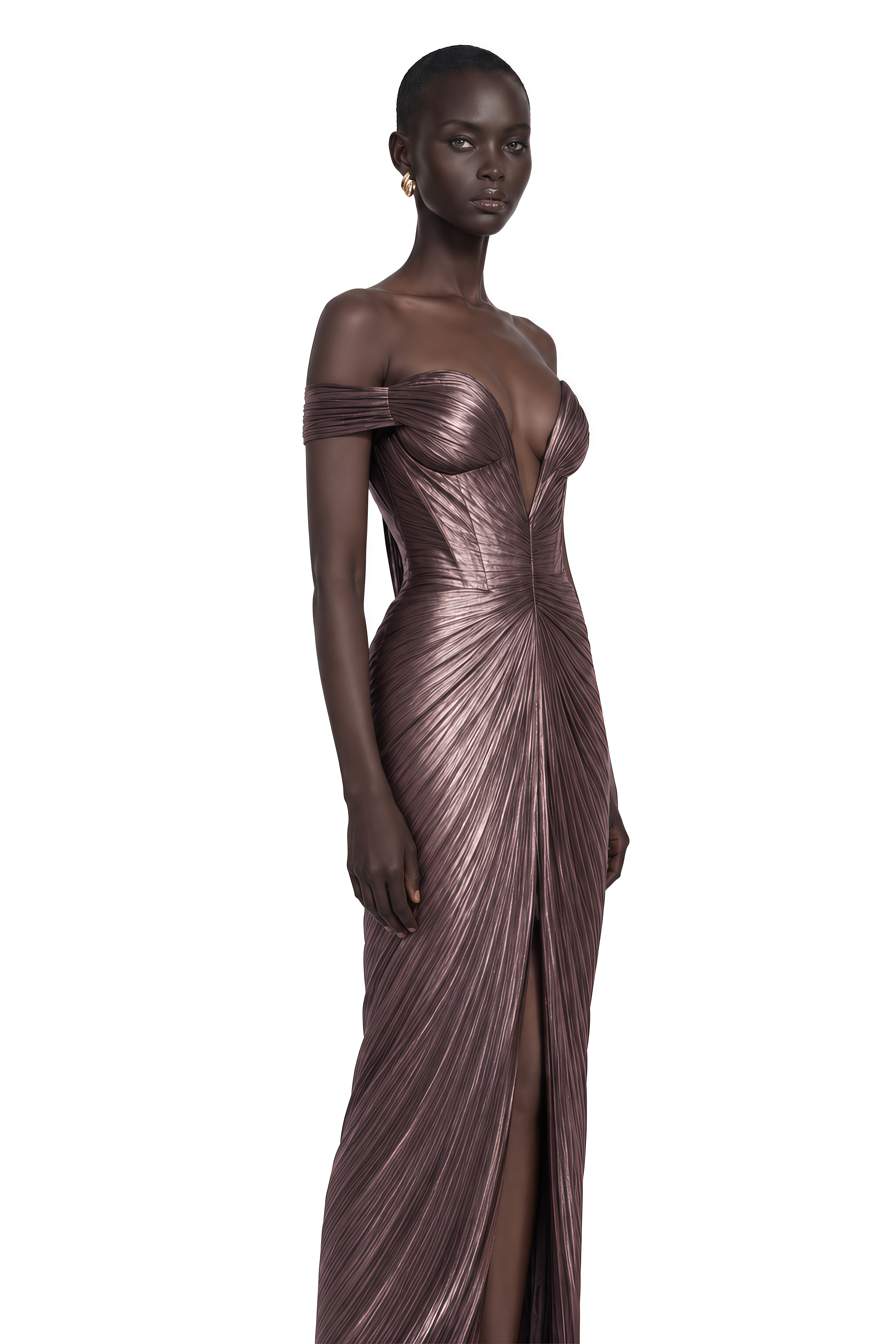 Pérola Bronze Gold Metallic Off Shoulder Maxi Dress