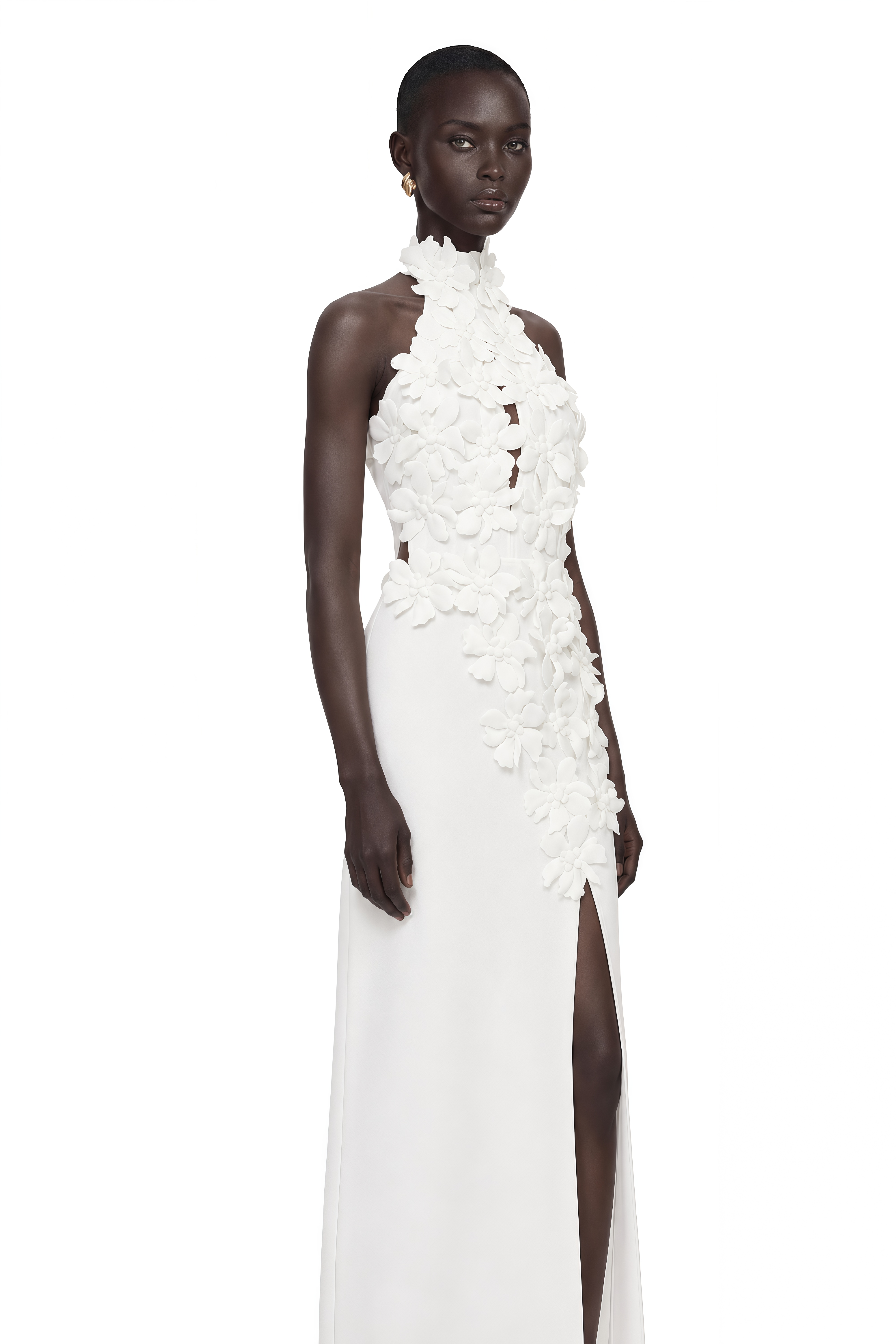 Brian White Halterneck 3D Petal Maxi Dress