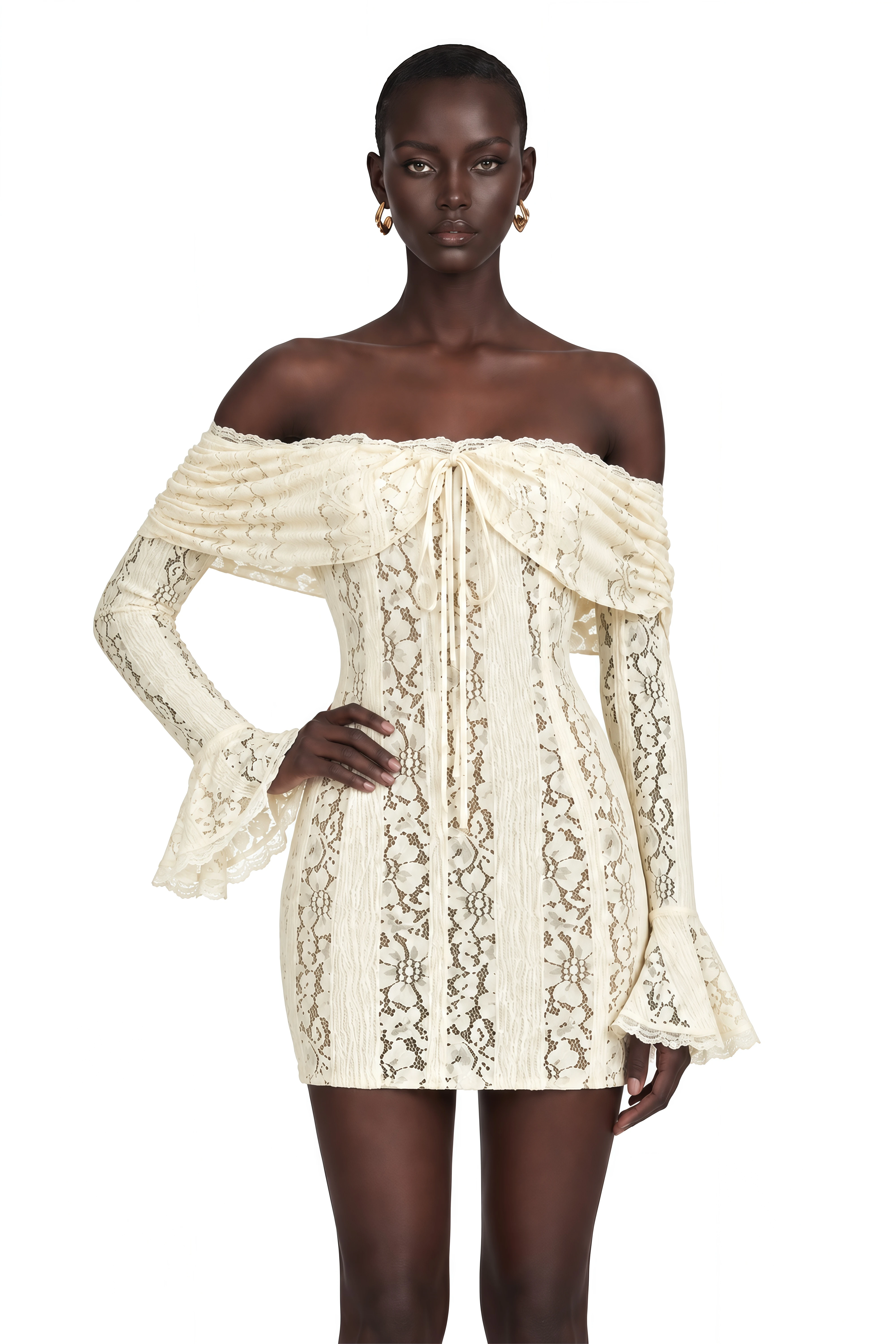Émeline Floral Lace Flared-Cuff Mini Dress in Neutrals