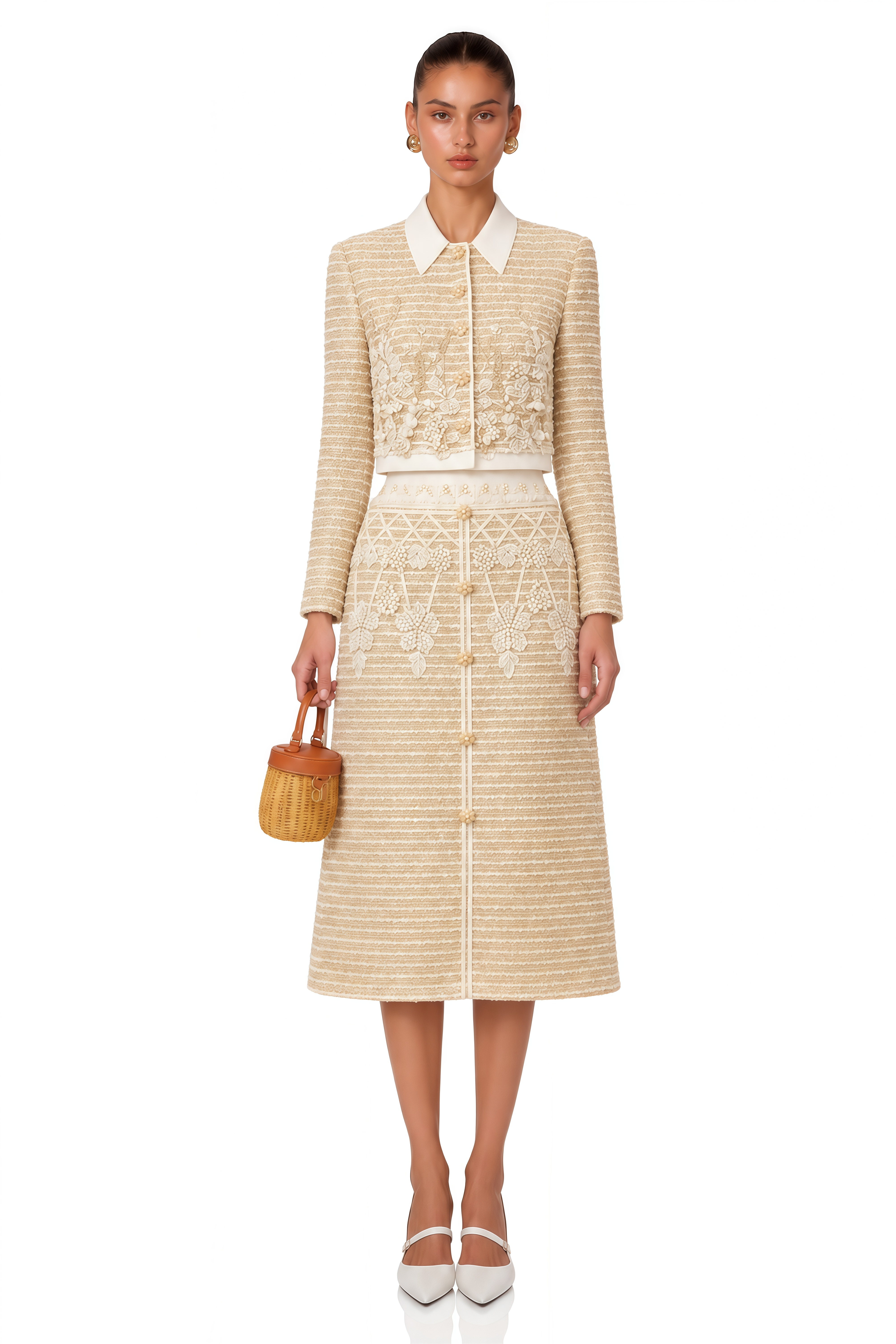 Catalina Neutral Floral Jacquard Tweed Jacket & Skirt Set